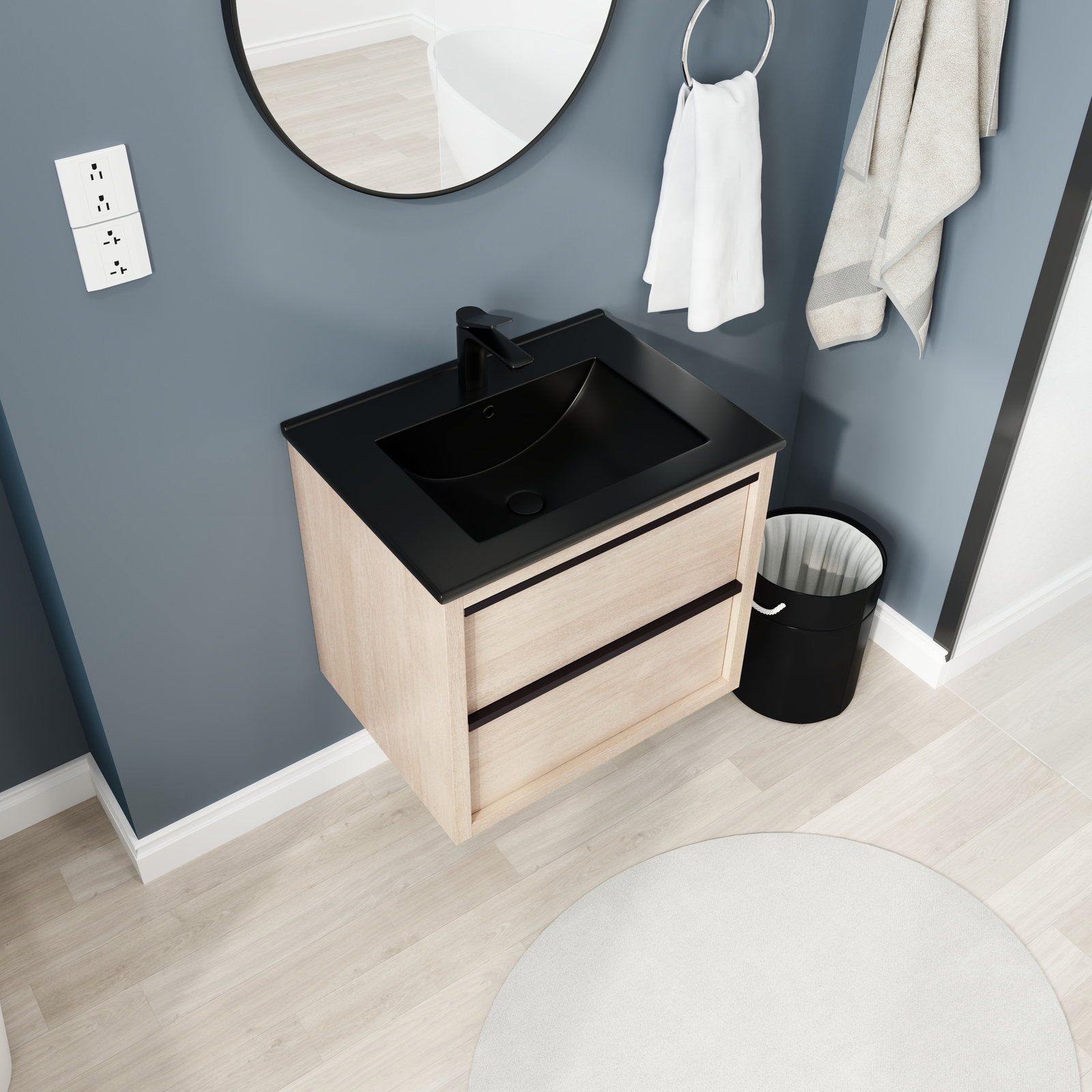 24″Bathroom Vanity Cabinet Wall Mounted Floating W/ Black Ceramic Sink 2 Drawers