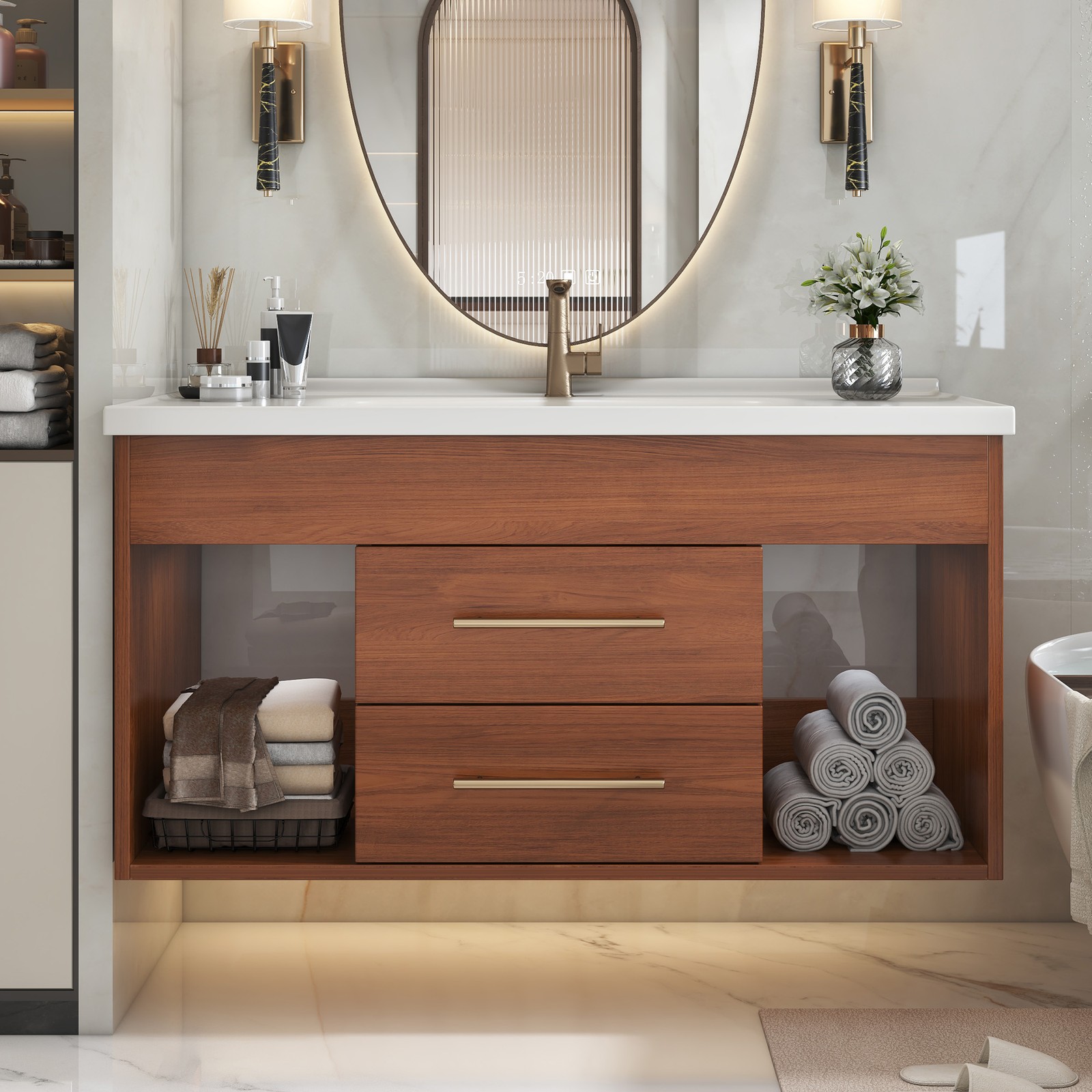 35.4″ Mid-Century Modern Bathroom Vanity with Ceramic Sink White Walnut