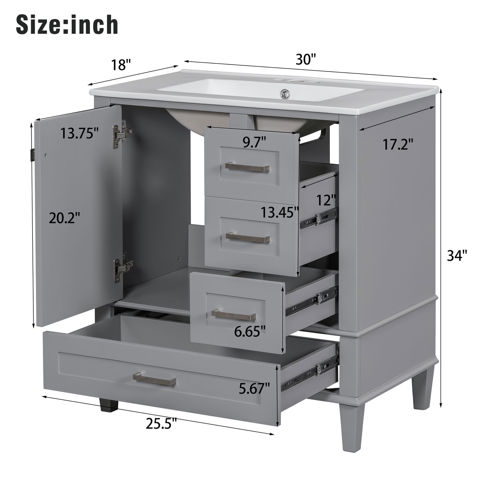 30″ Solid Wood Bathroom Vanity Cabinet with Resin Sink Top, 1 Door and 3 Drawers