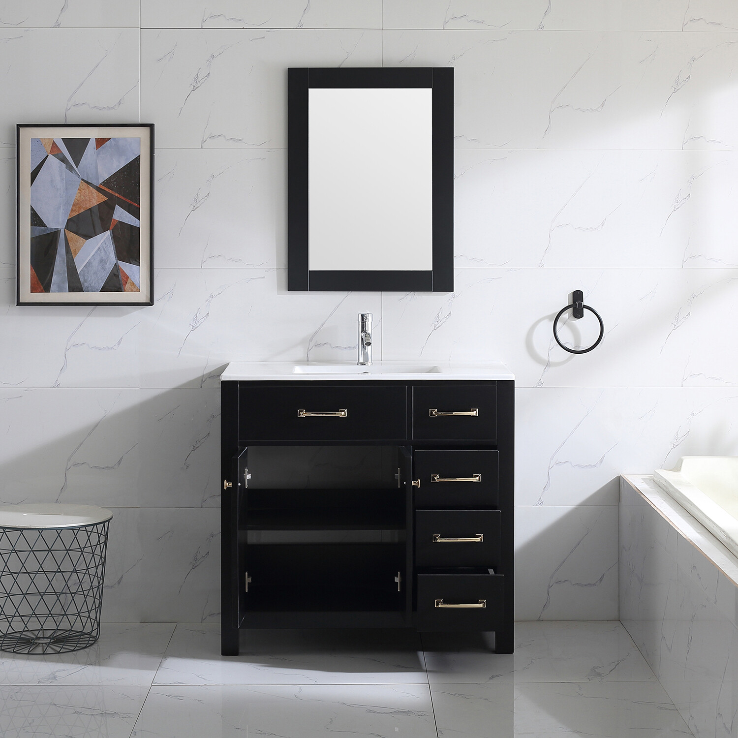 Undermount Ceramic Shaker 36″ Single Bathroom Vanity Set & Mirror Free Standing