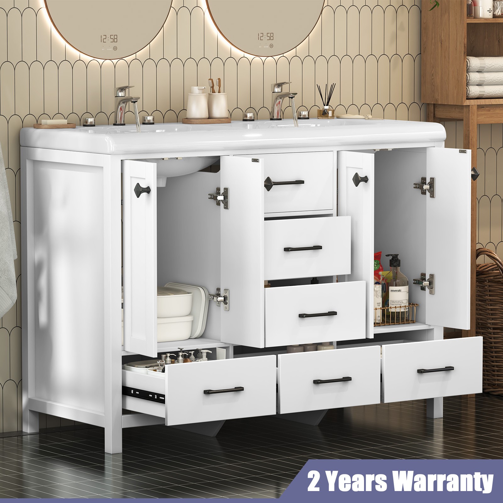 47.3″ Bathroom Vanity Freestanding Double-Basin Ceramic Sink Cabinet Wash Basin
