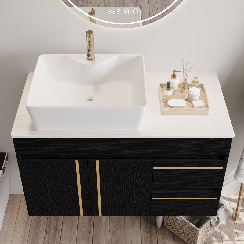 36″ Wall-Mounted Bathroom Vanity w/Vessel Ceramic Sink,Soft-Close Door & Drawers