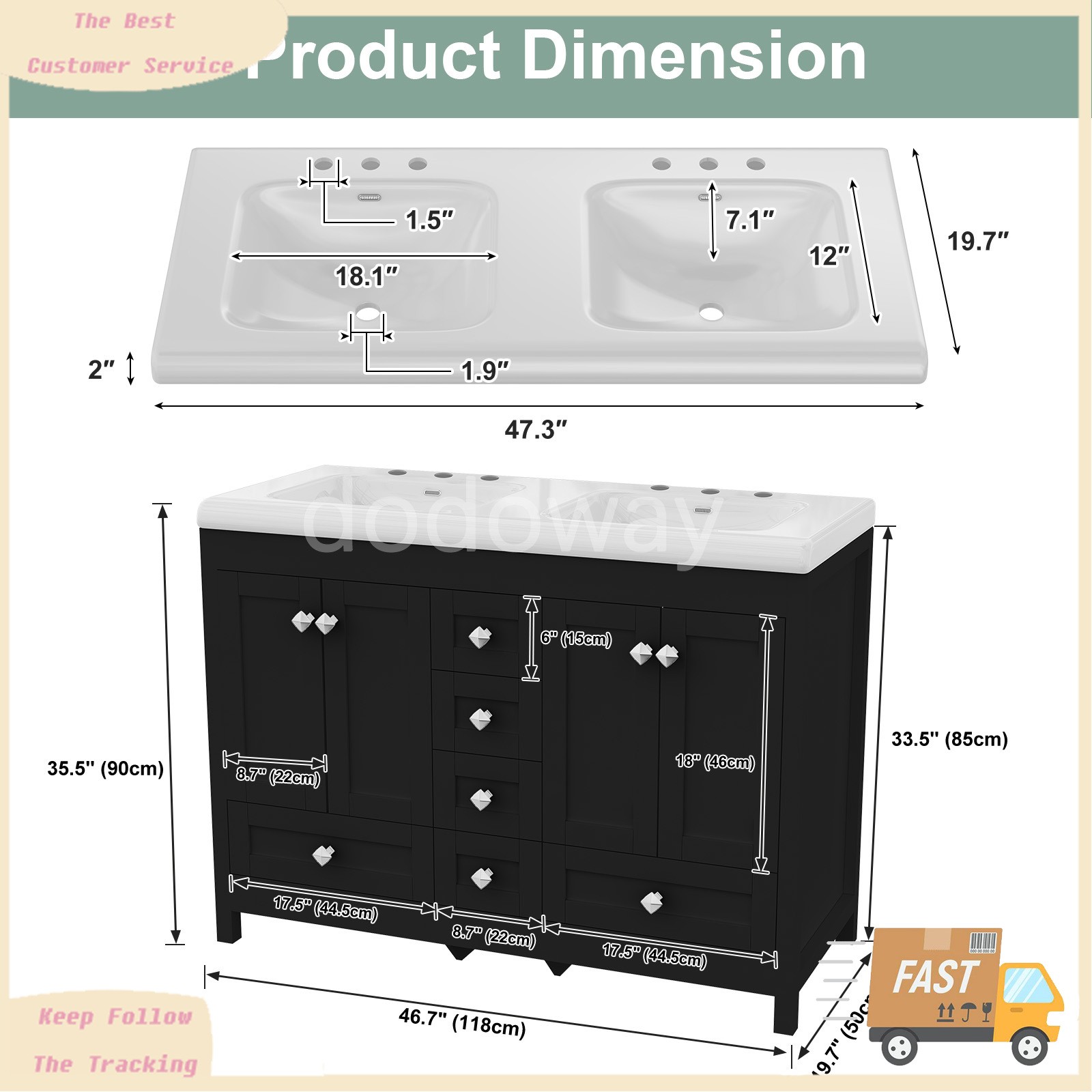 Modern 47″ Double Sink Vanity Freestanding Ceramic Bathroom Cabinet Black