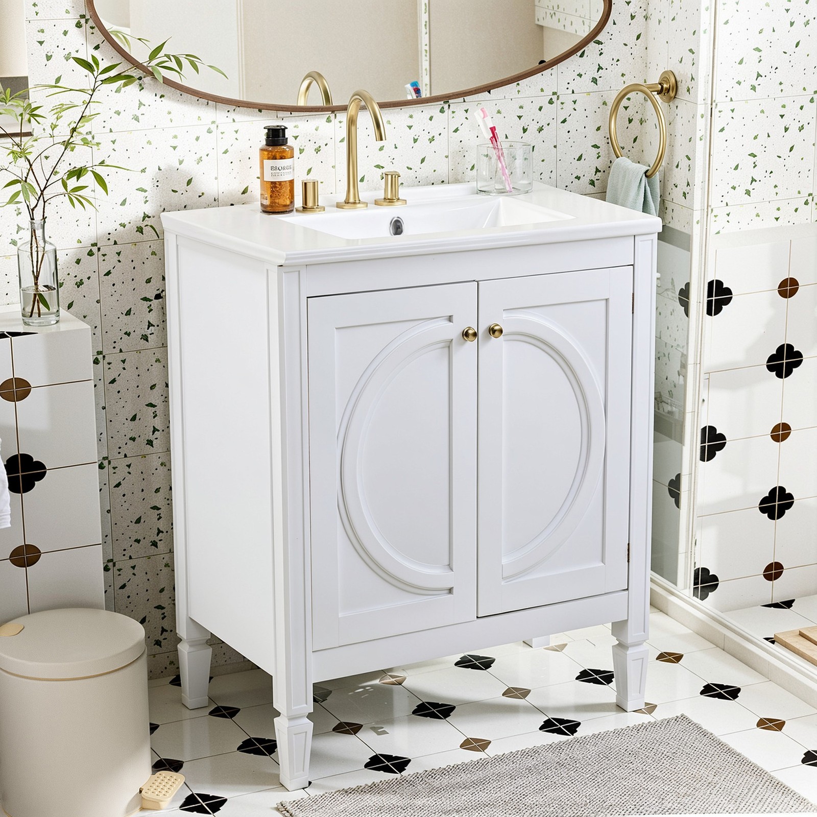 30″ Bathroom Vanity with Ceramic Sink, White, Modern Farmhouse Style