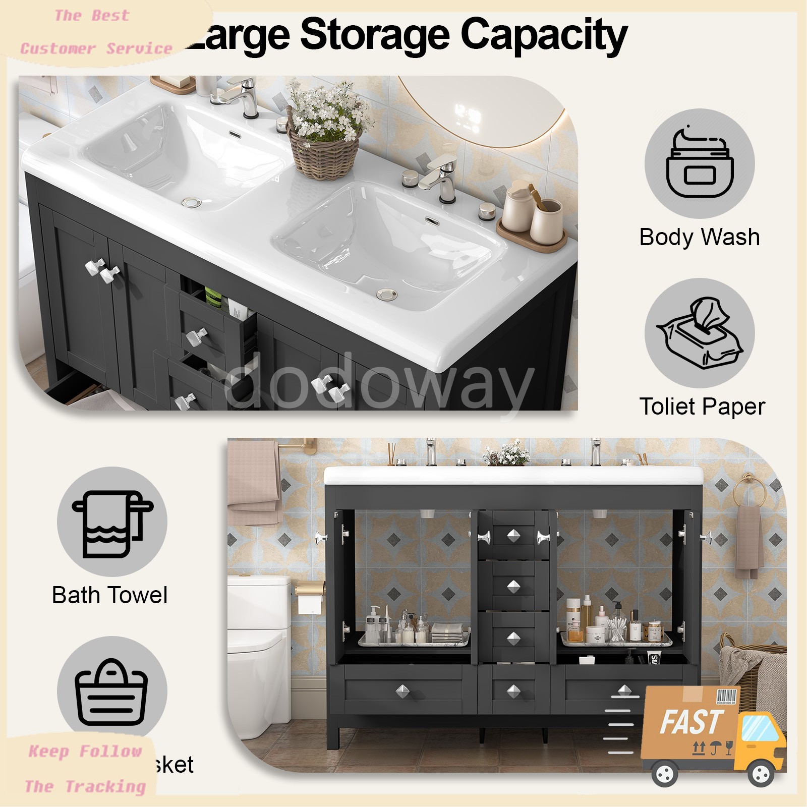 Modern 47″ Double Sink Vanity Freestanding Ceramic Bathroom Cabinet Black