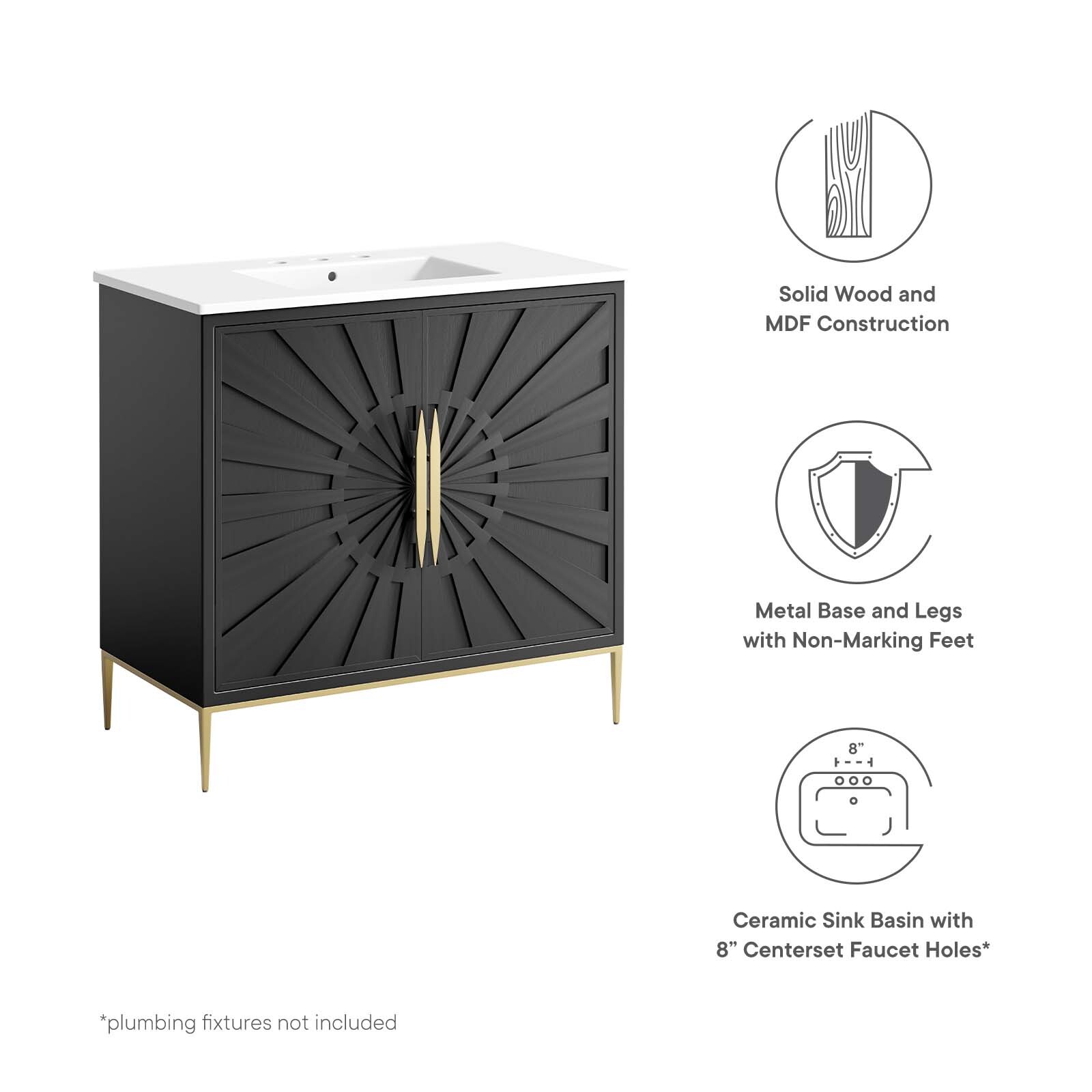 Modway Awaken 36″ Bathroom Vanity Cabinet in White Black With Ceramic Sink Basin