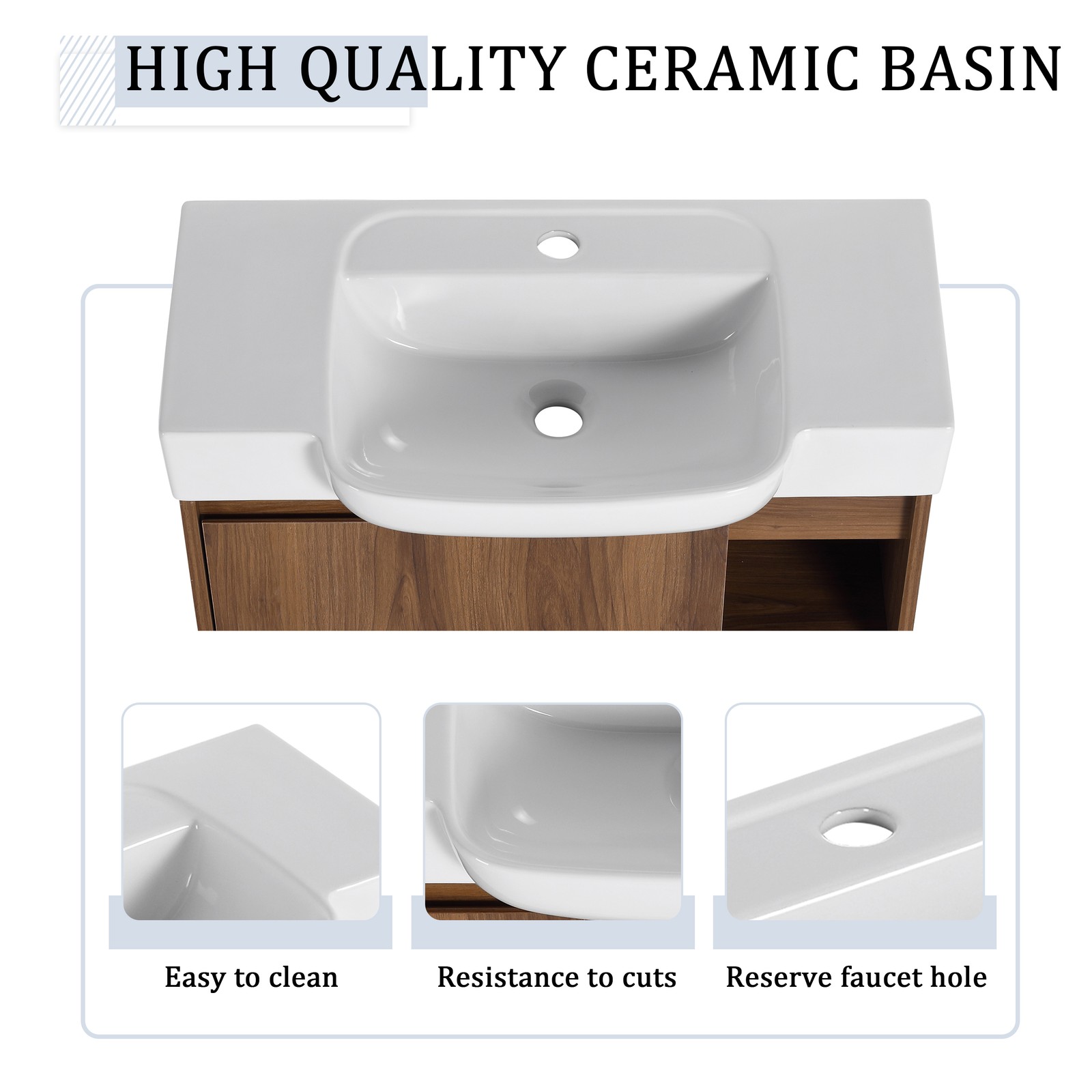 28″ Plywood Wall-Mounted Bathroom Vanity W/ Ceramic Sink Brown For Small Space