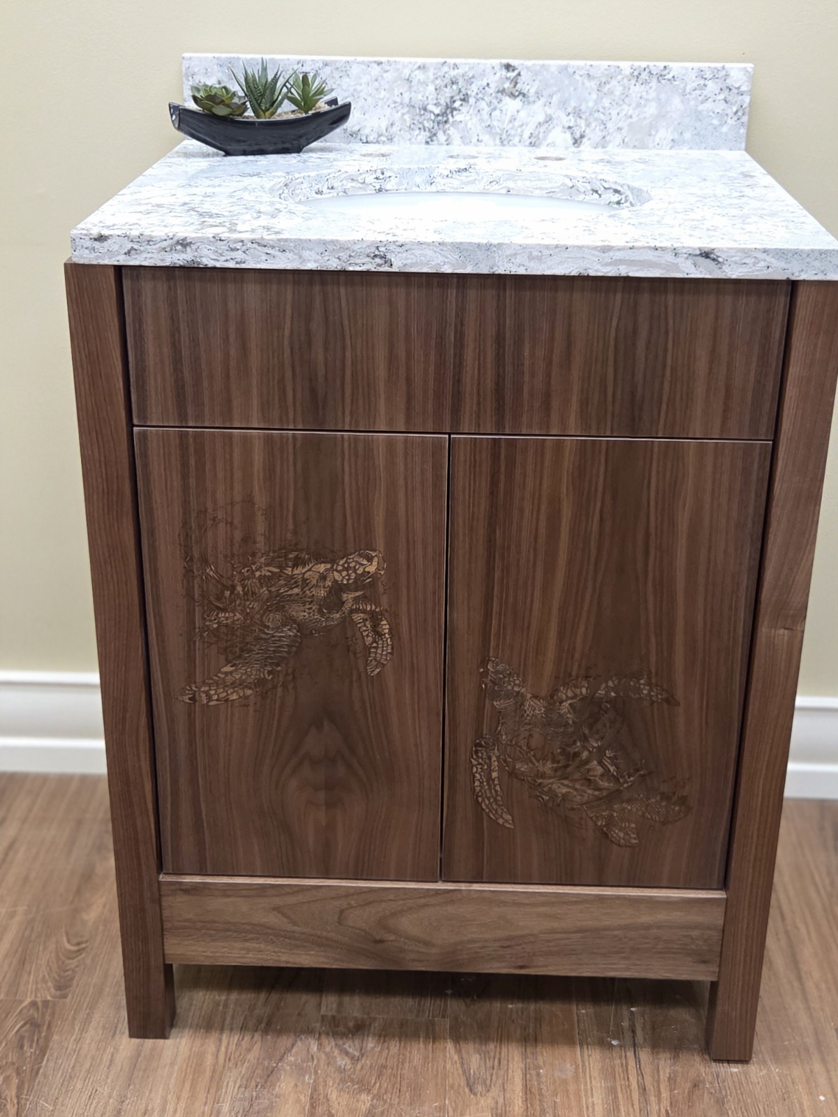 Fabulous Seaturtle Engraved Walnut Bathroom Vanity Cabinet