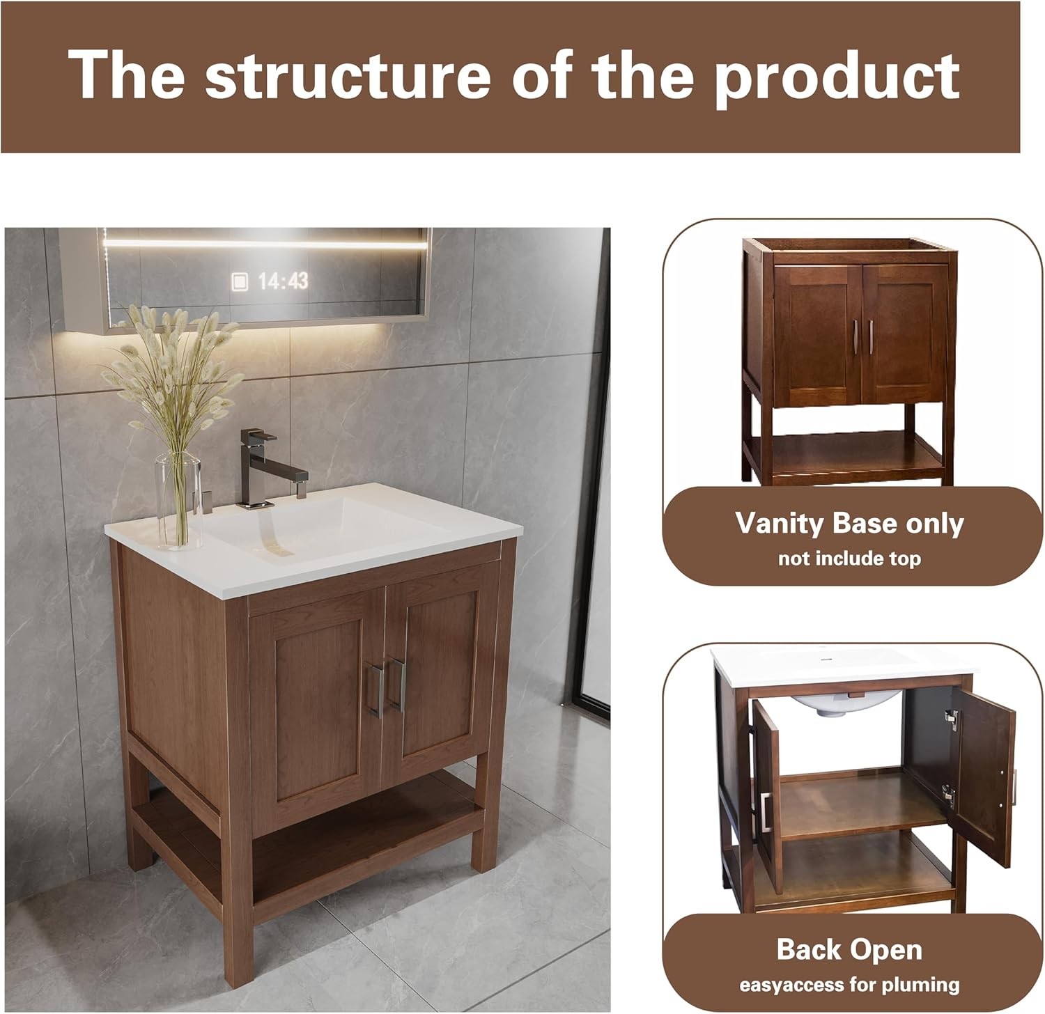 36″ Natural Wood Bathroom Vanity Base Only – Freestanding Solid Wood Sink