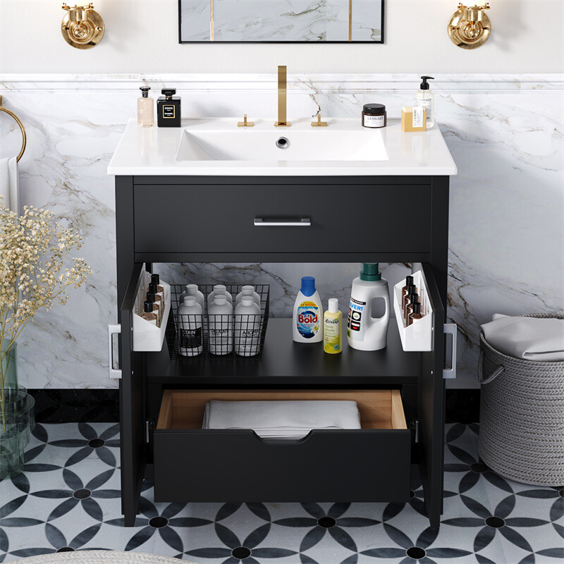 30″ Bathroom Vanity with Ceramic Sink and Storage Cabinet Built-in Drawe & Doors