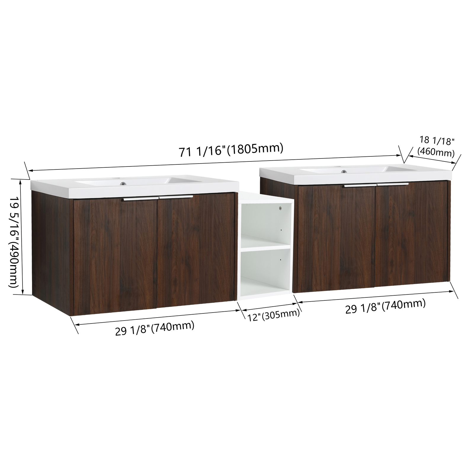 2X 30″ Bathroom Vanity Cabinet With Resin Sink +12″ Small Storage Shelves Walnut