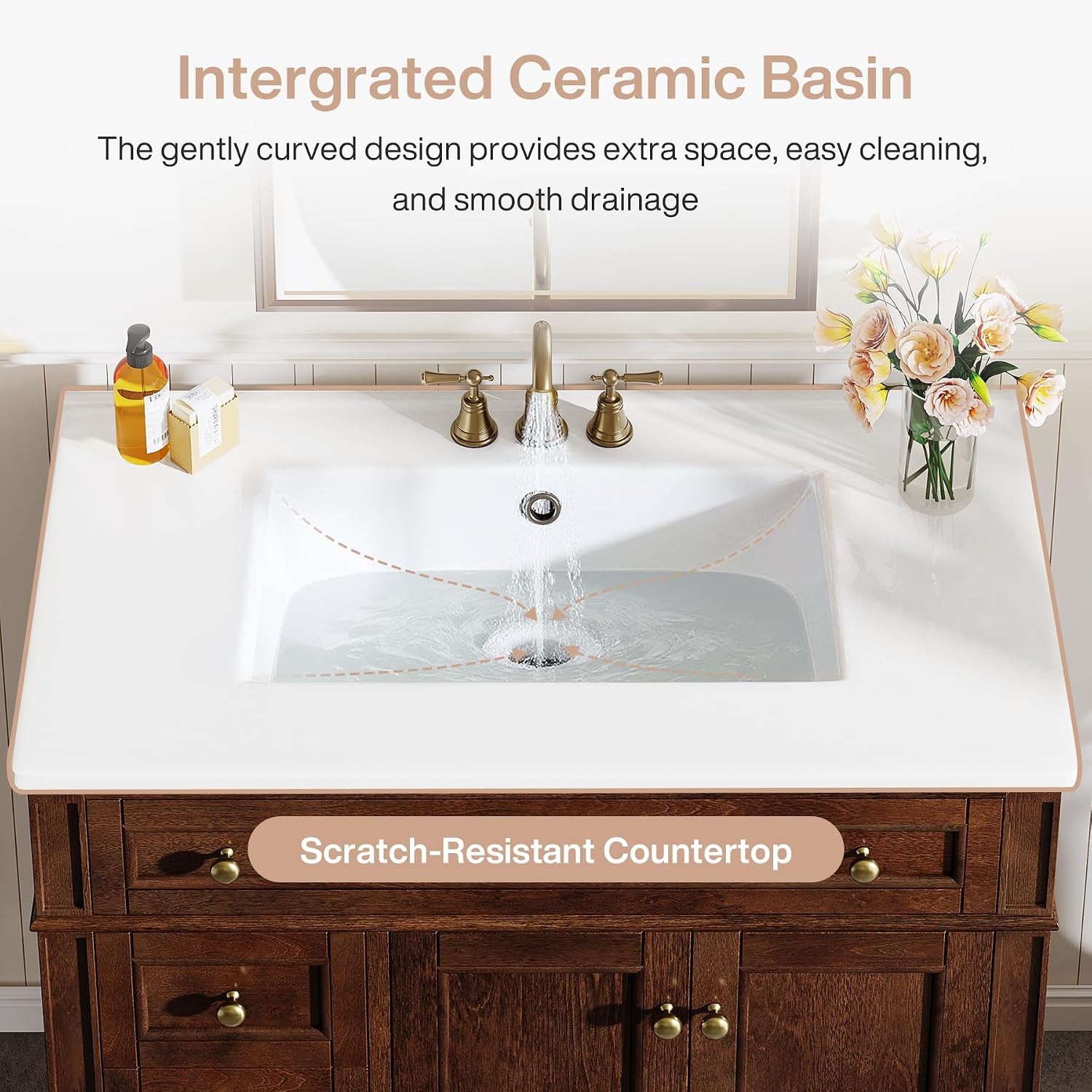 36″ Bathroom Vanity with Sink Wood Vanity Cabinet with Flip-Out Drawer 3 Drawers