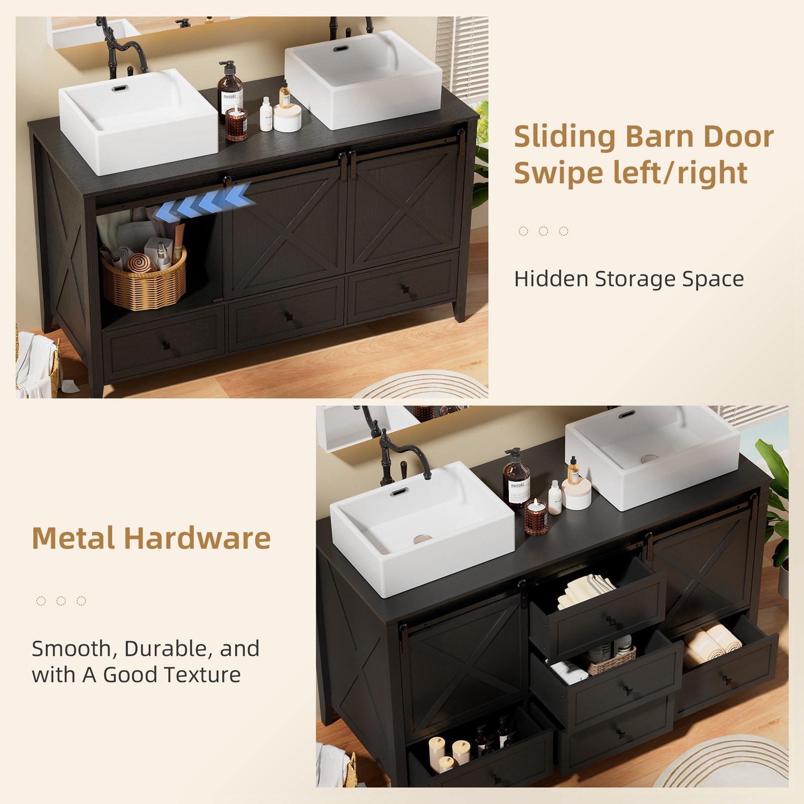 60-inch Bathroom Vanity Cabinet Double Vessel Sink Top Sink Cabinet Modern Wood