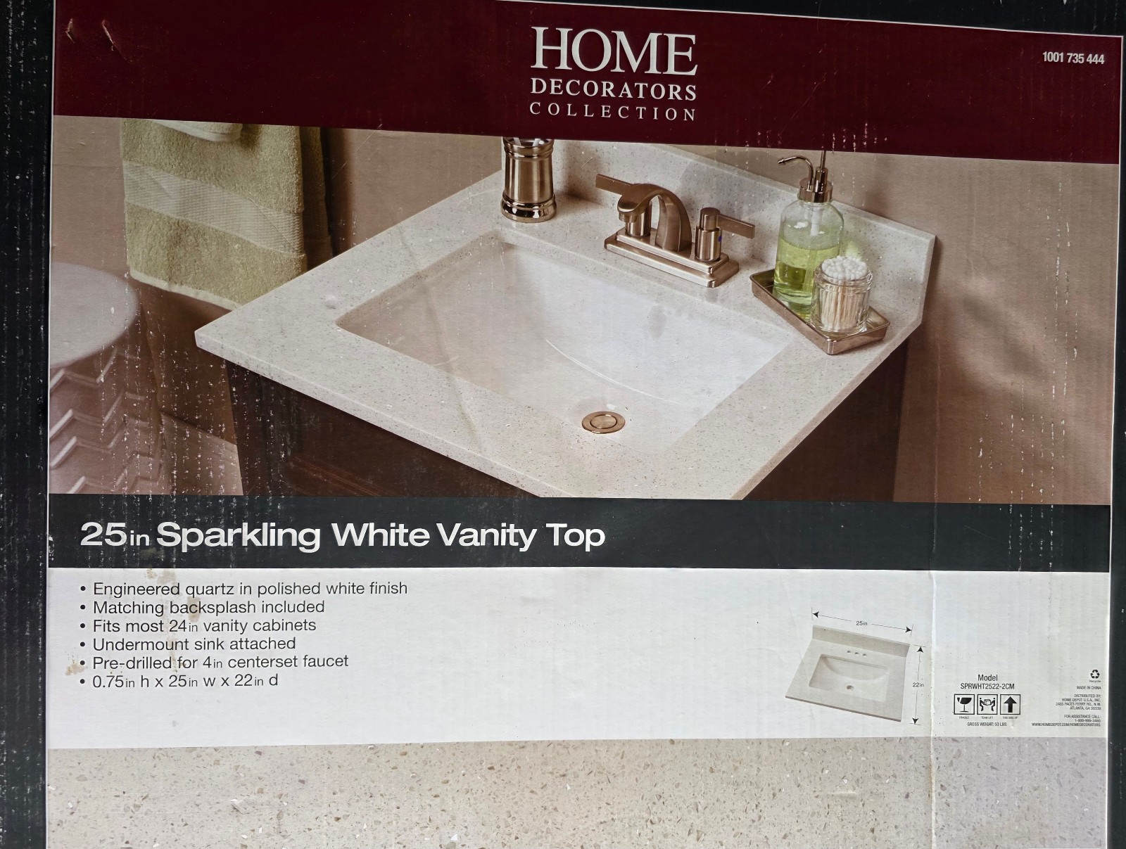 25in. Sparkling White Vanity Top – Home Decorators Collection – New, Unopened