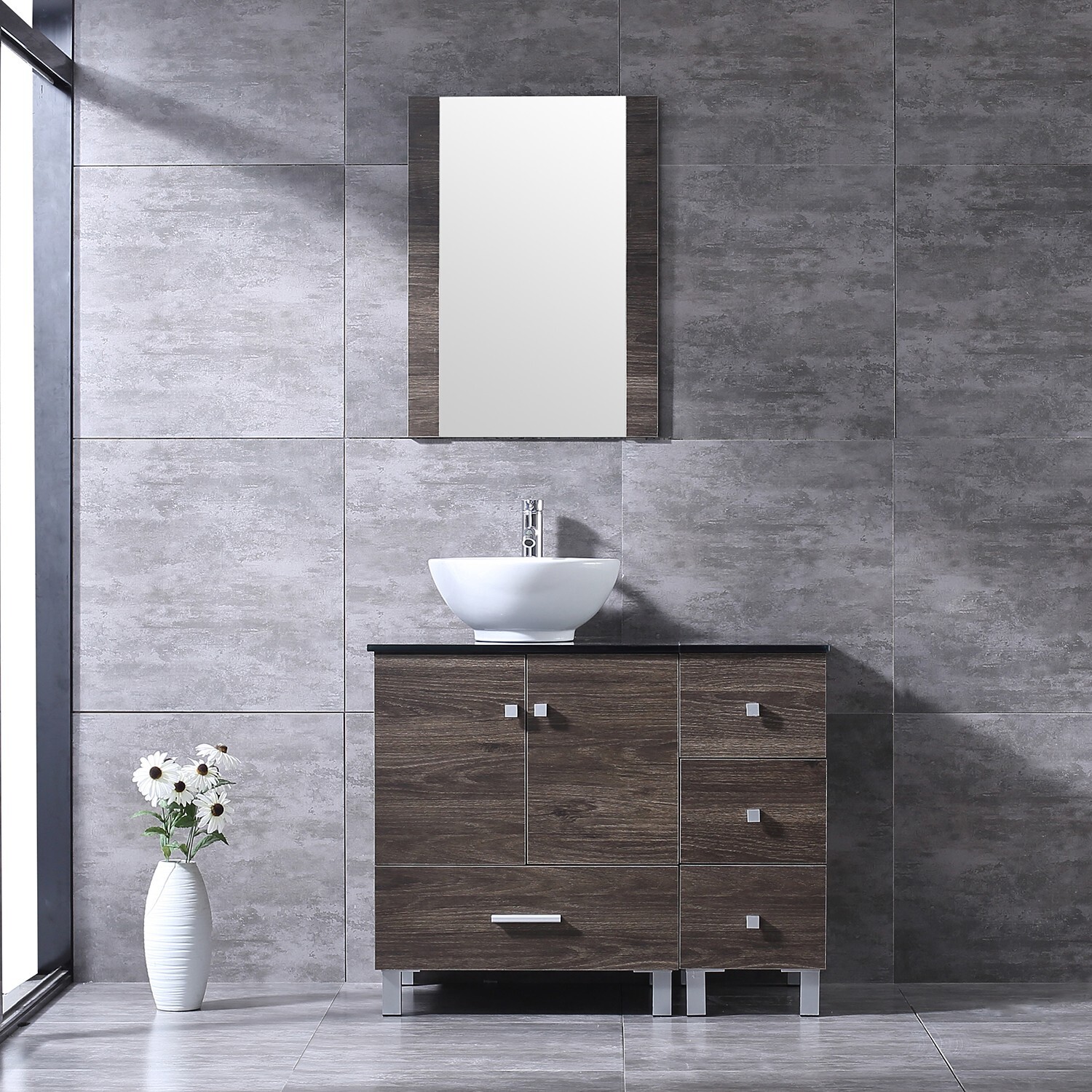 Bathroom Vanity with Sink 36 Inch Cabinet Ceramic Sink w/Glass Top Set Brown