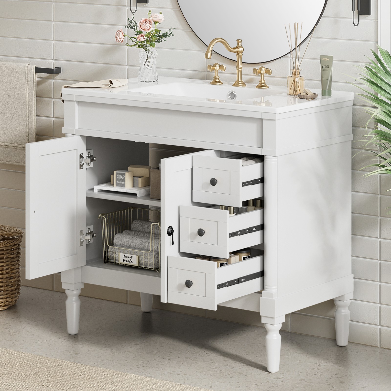 36″ Bathroom Vanity w/Two Soft Close Doors & 3 Drawers Bathroom Storage Cabinet