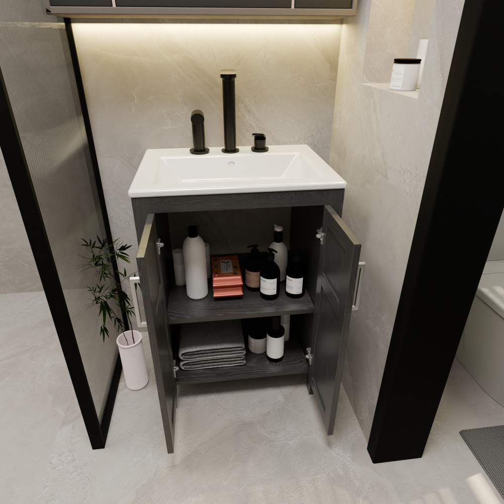 Bathroom Vanity with White Ceramic Sink Faucet Pop Up Drain Set Large Storage