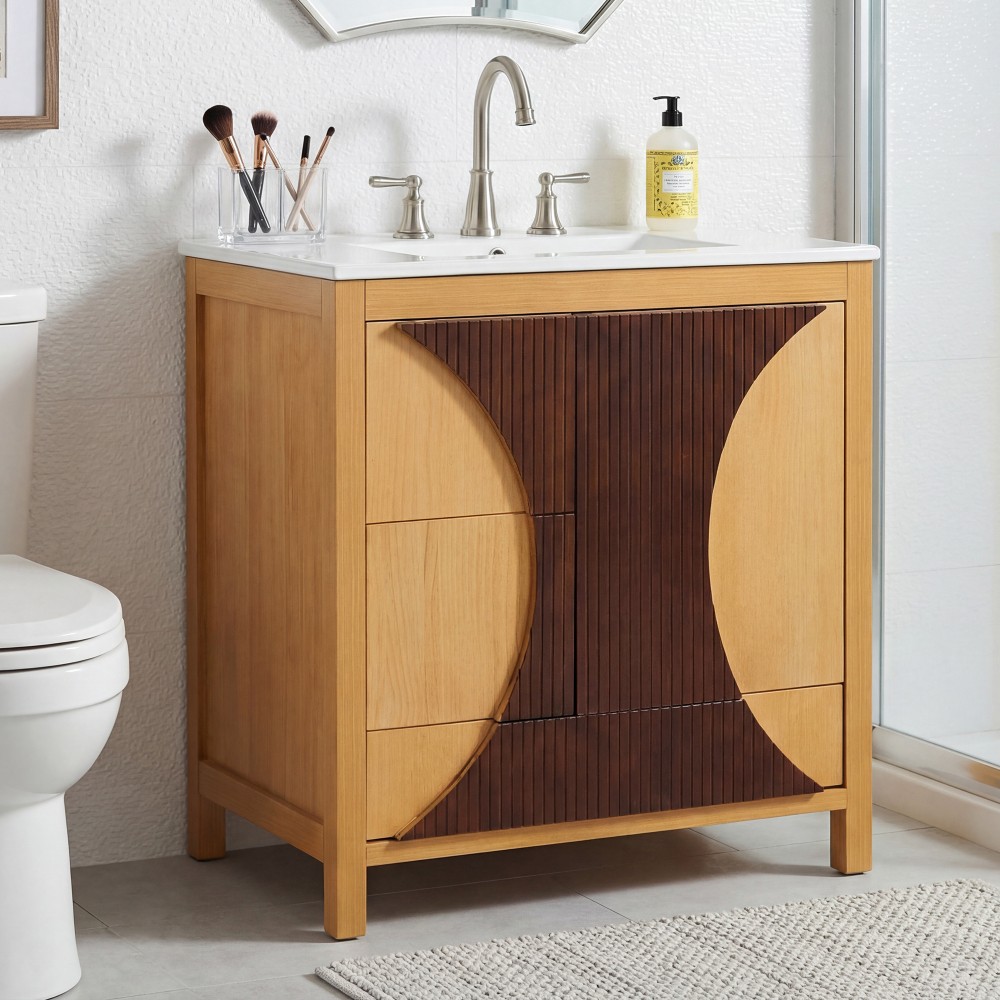 30 Inch Mid Century Freestanding Bathroom Vanity with Ceramic Sink Solid Wood
