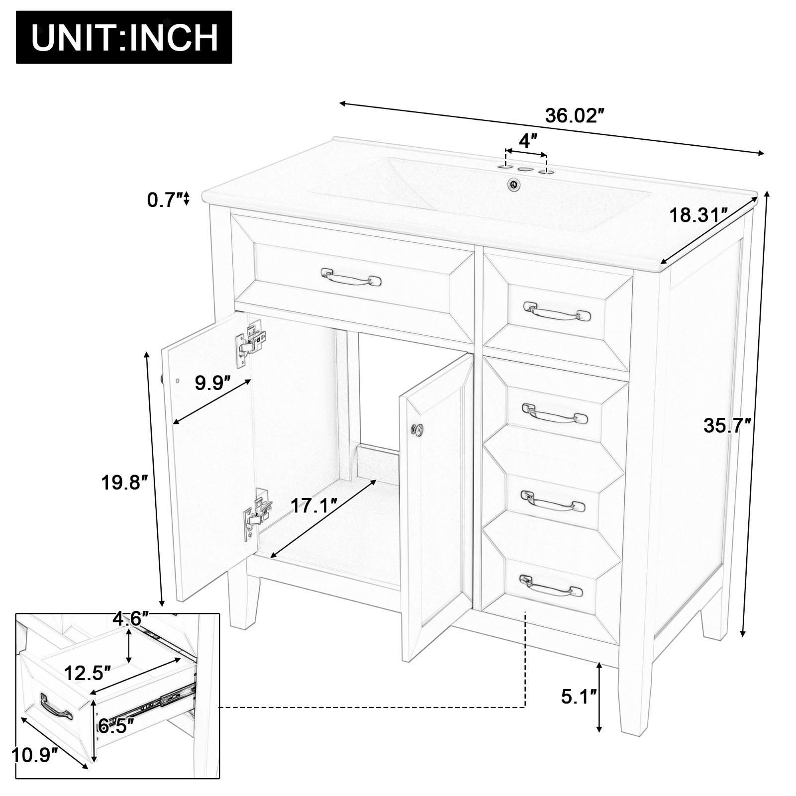 Freestanding 36″ Bathroom Vanity with Smooth Ceramic Sink, White Cabinet with