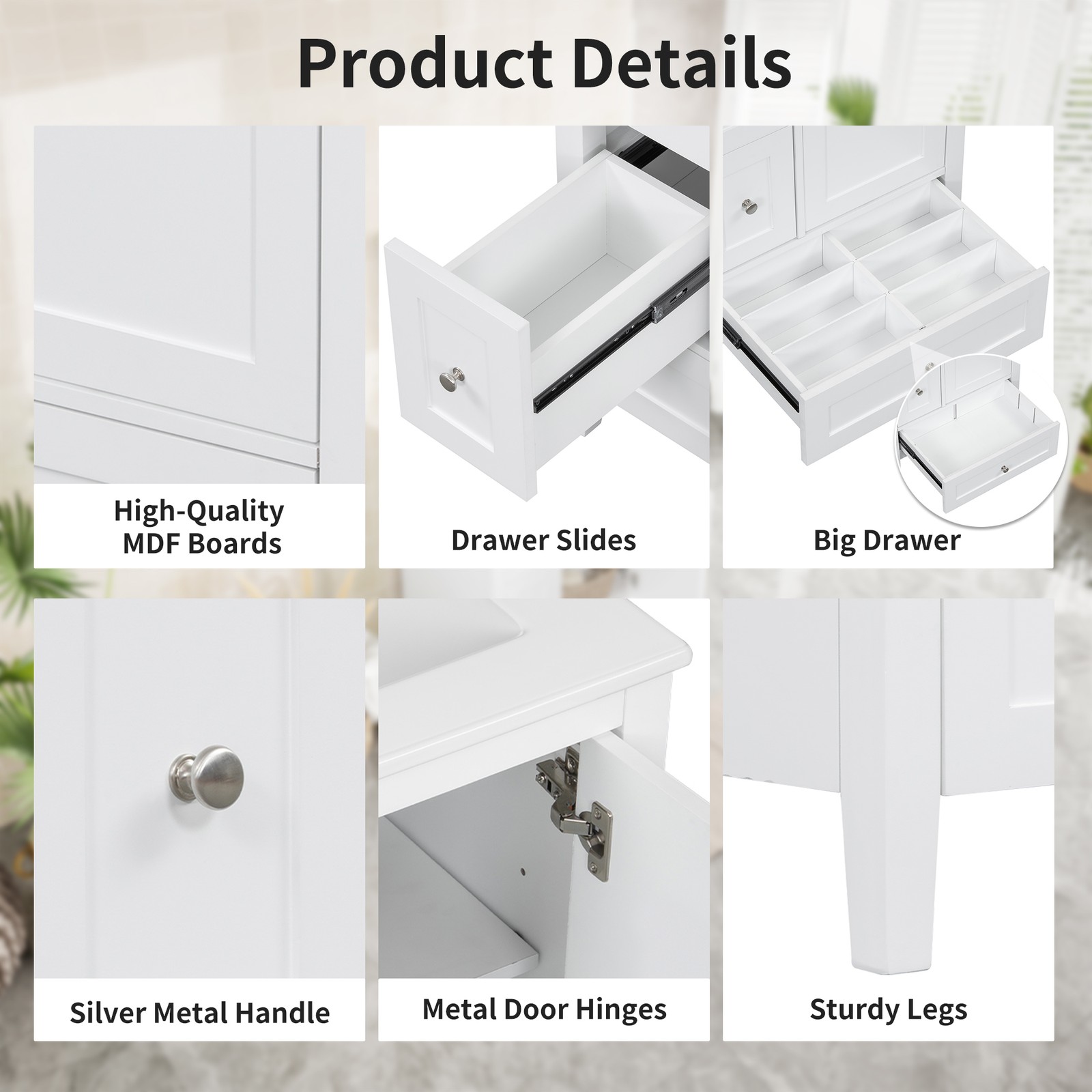 24″ Bathroom Vanity w/Storage, Adjustable Shelf Modern Bathroom Storage Cabinet