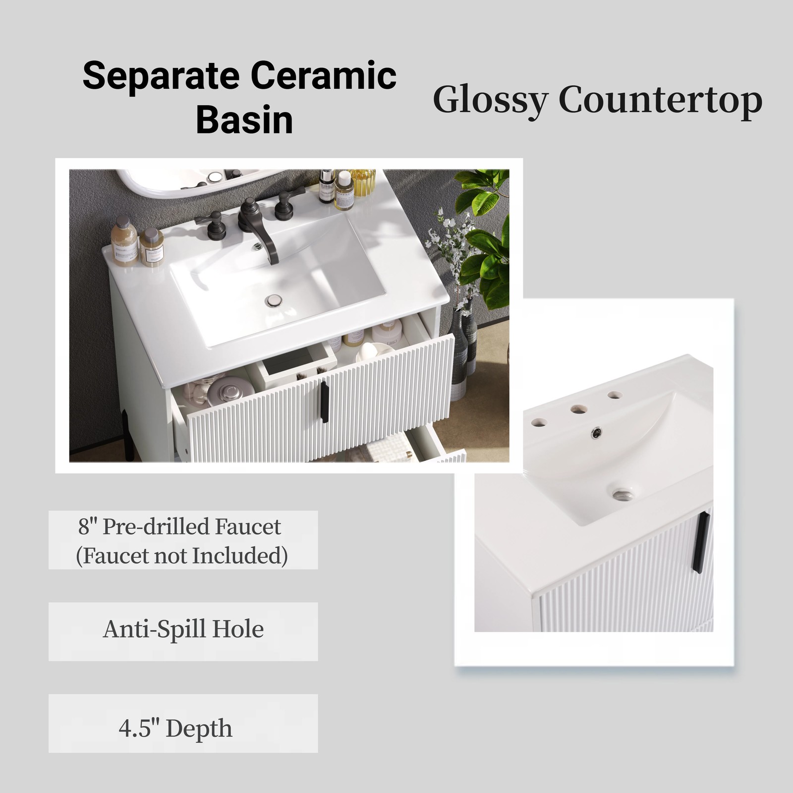 30″ White Bathroom Vanity with Ceramic Sink & Soft Close Drawers