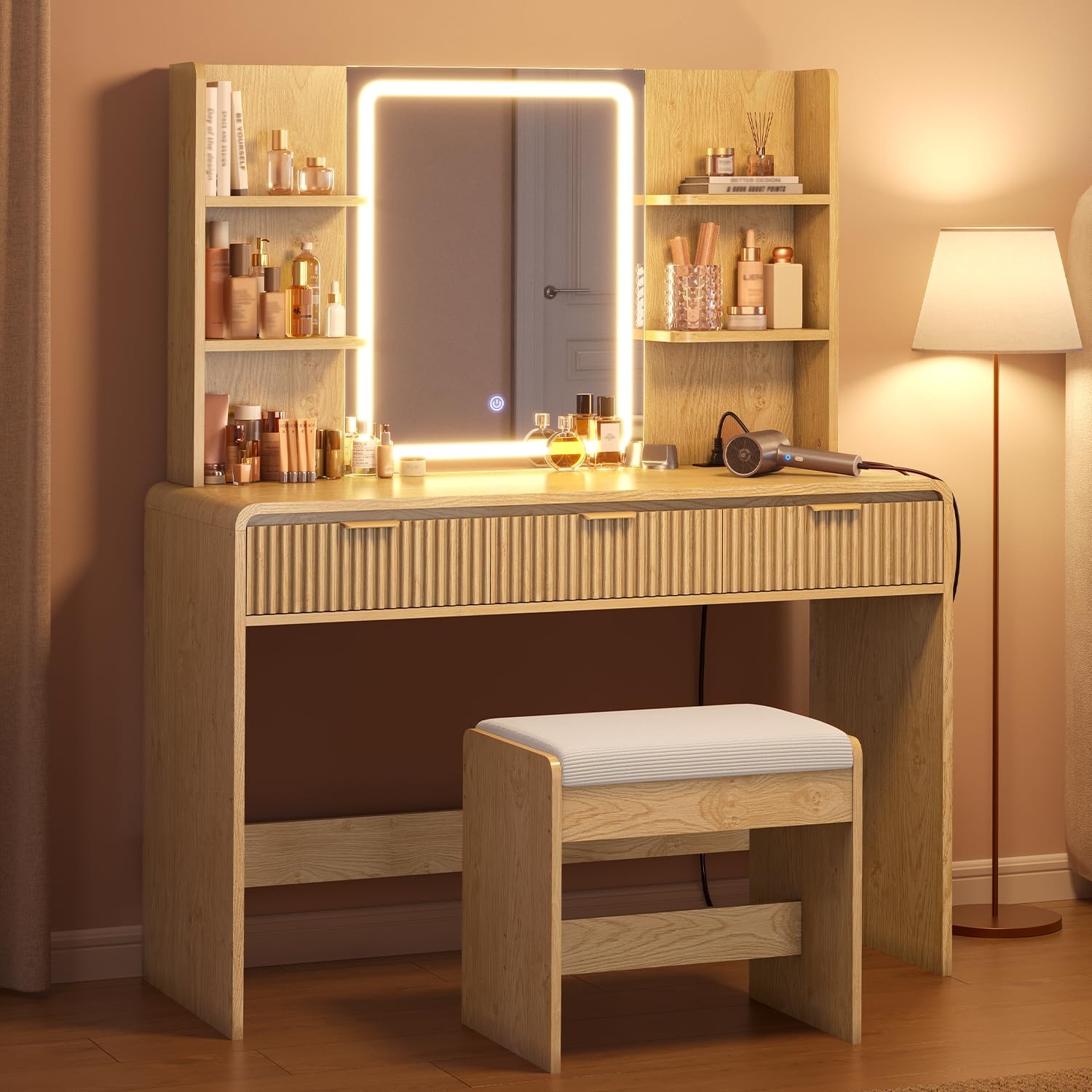 Fluted Vanity Desk with Mirror Light, Stool, Power Outlet Natural