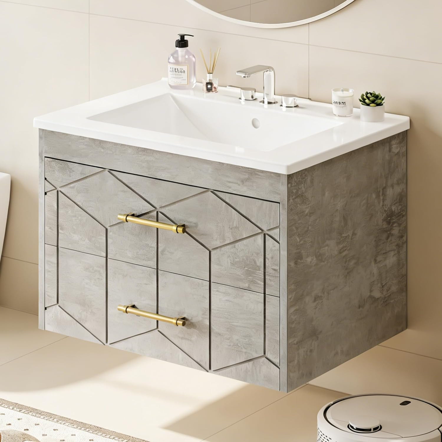 Floating Bathroom Vanity with Sink 24 Inch, Modern Bathroom Sink Cabinet, Cerami