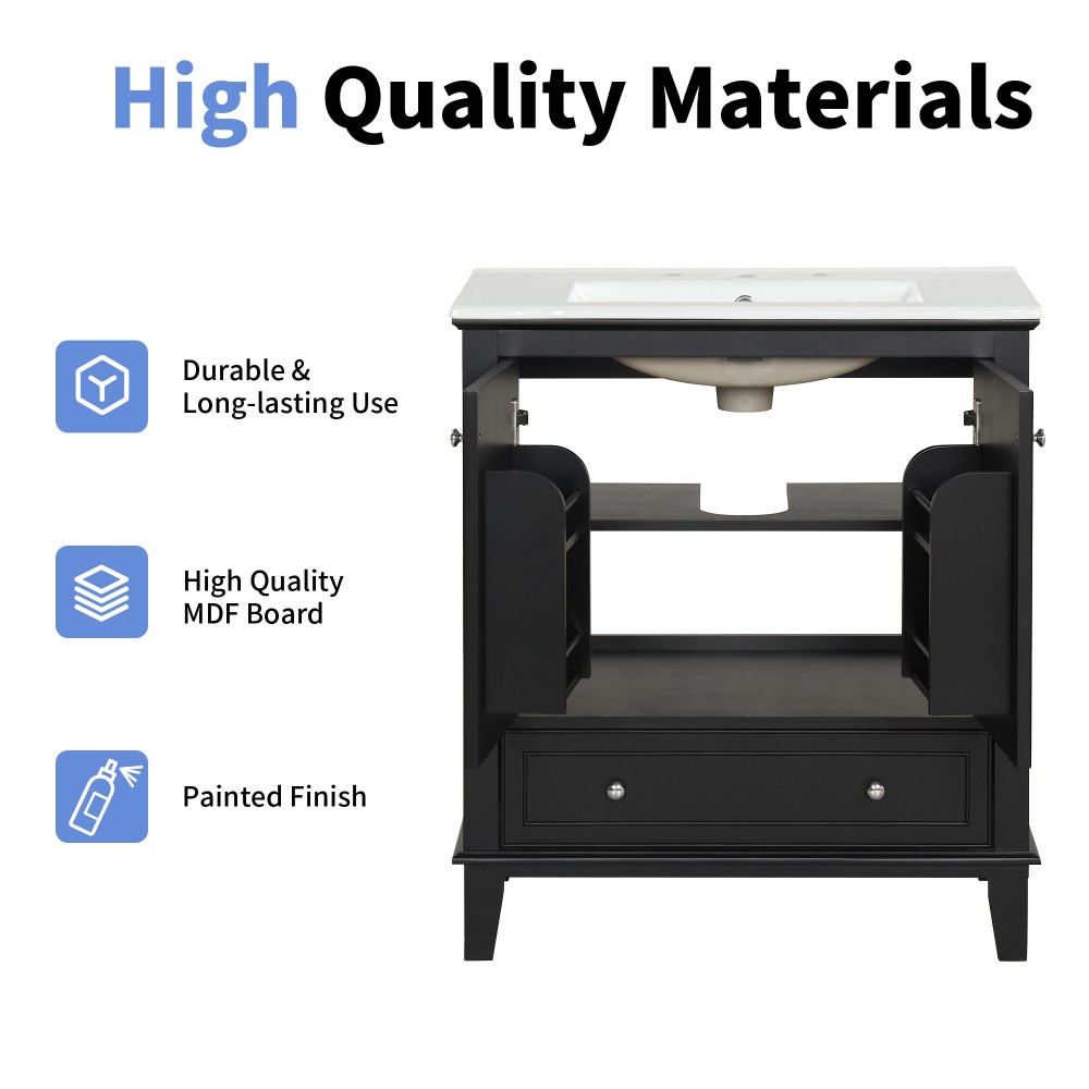 30 Inch Black Bathroom Vanity with Sink Combo Solid Wood MDF Bathroom Cabinet