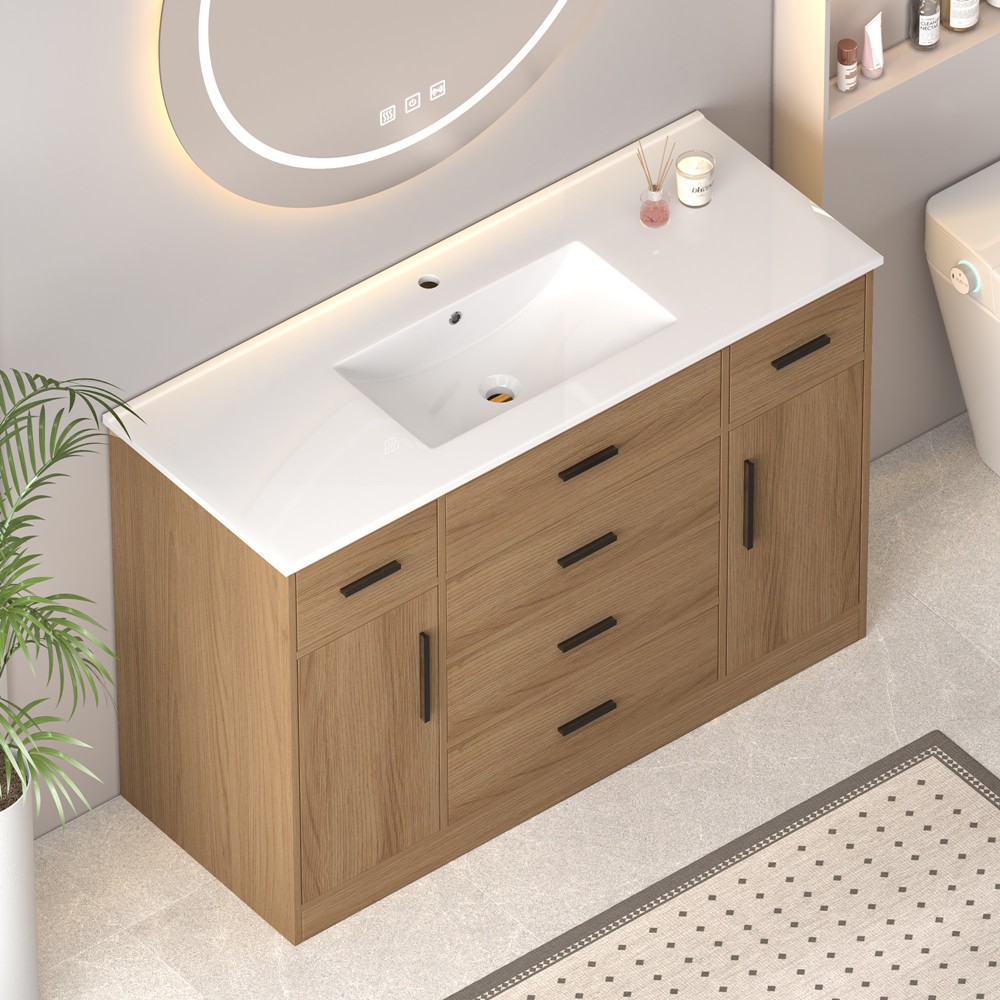 48″ Bathroom Vanity w/Sink,Freestanding Vanity Storage Cabinet,5 Drawers,2 Doors