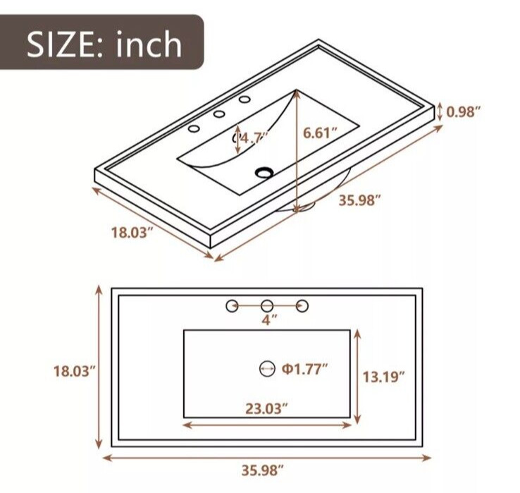 36″ Single Bathroom Vanity Top with White Basin, 3-Faucet Holes, Ceramic, White