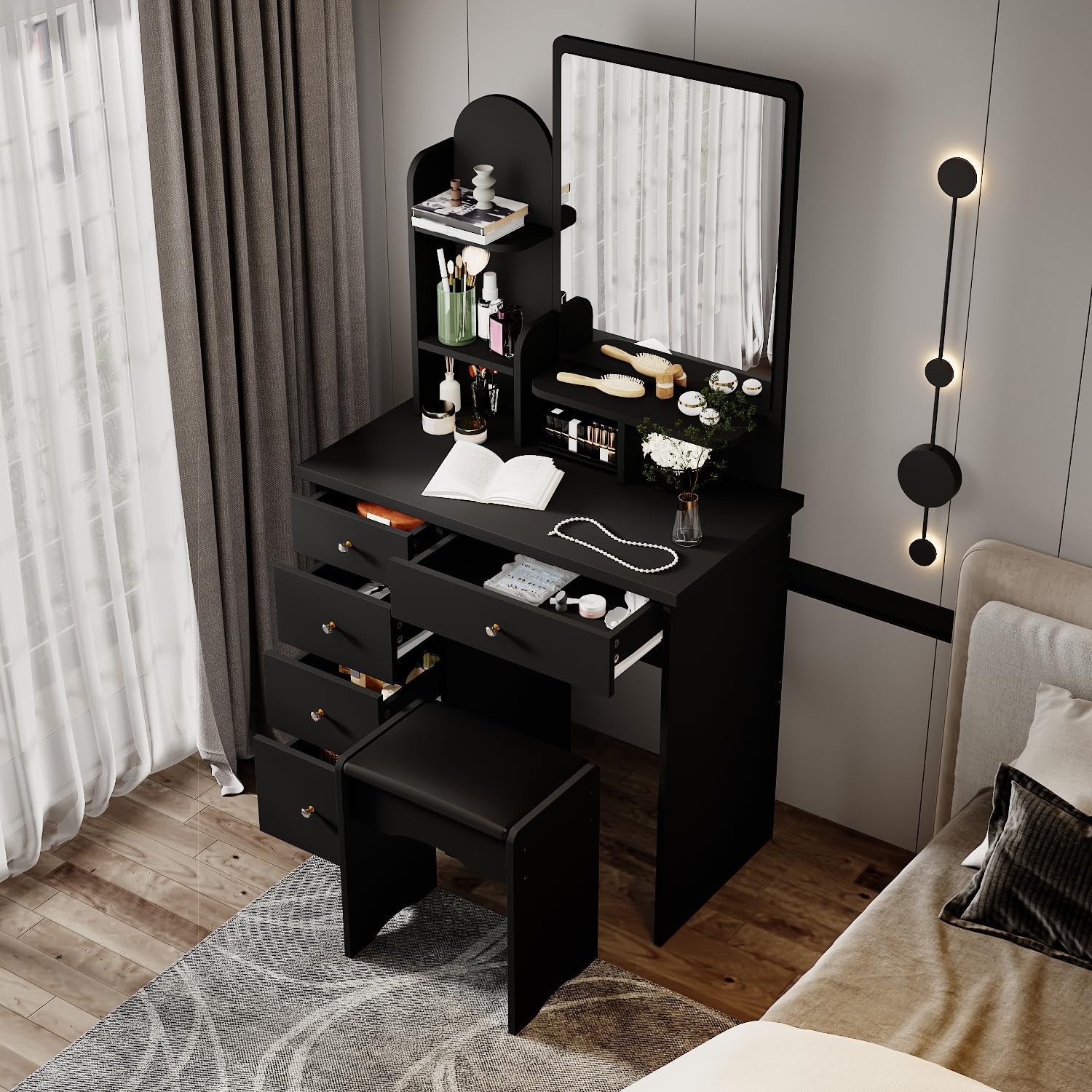 Black Vanity Set with Mirror 5 Drawers Shelves Cushioned Stool