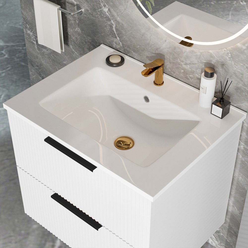 Bathroom Vanity Cabinet W Ceramic Sink Drawers Wall Mounted Fluted Vanity