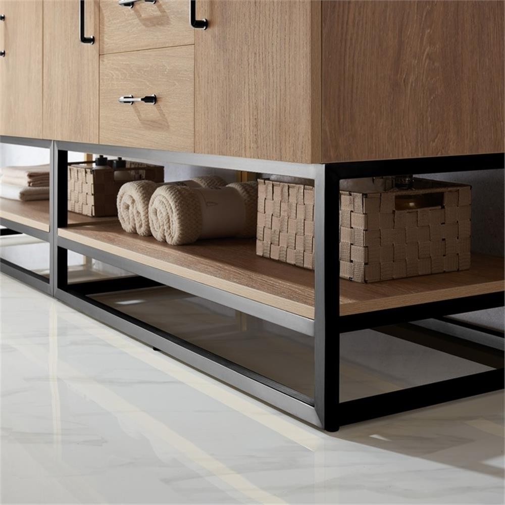 Pemberly Row 84″ White Stone Top Oak Double Vanity Black Frame w/o Mirror