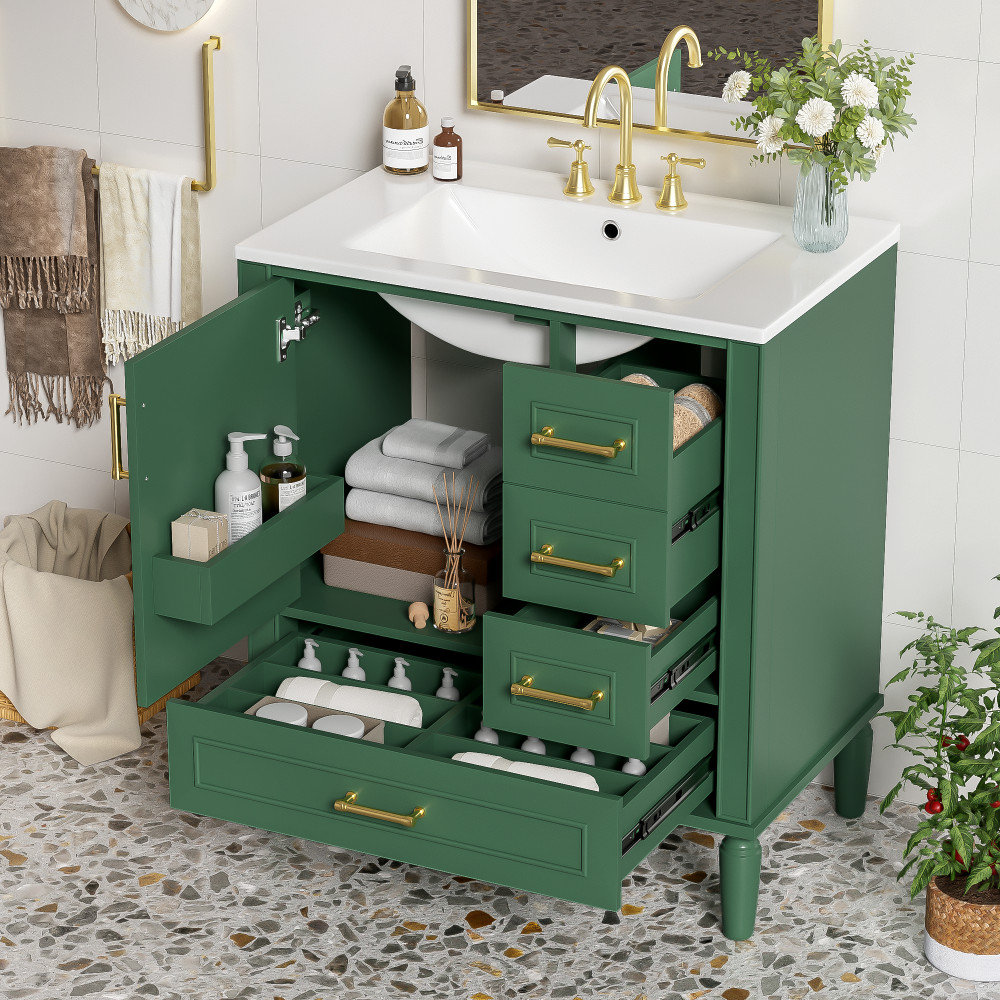 24″ Modern Bathroom Vanity with Ceramic Sink, Soft-Close Door, 3 Drawers