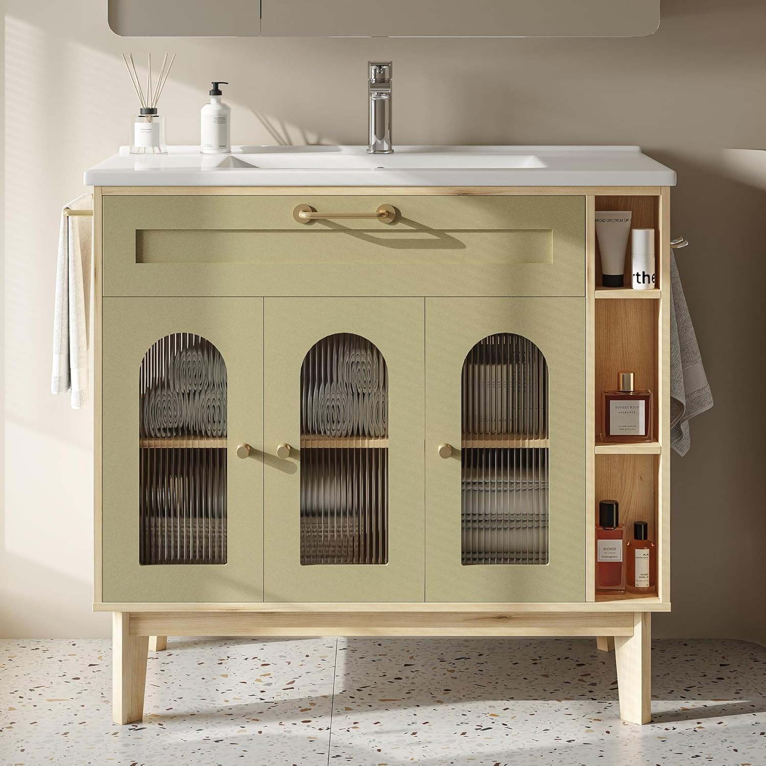 Elegant 36″ Bathroom Vanity with Sink, Glass Doors, Towel Bar & Storage Shelves
