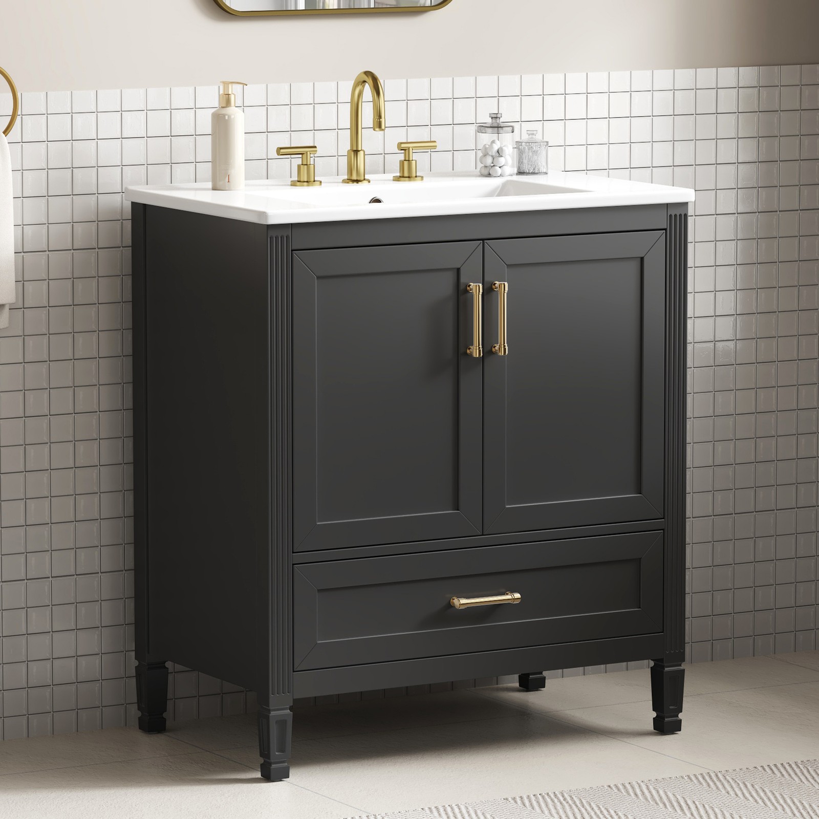 30 Inch Black Fluted Bathroom Vanity with Ceramic Sink, Soft-Close