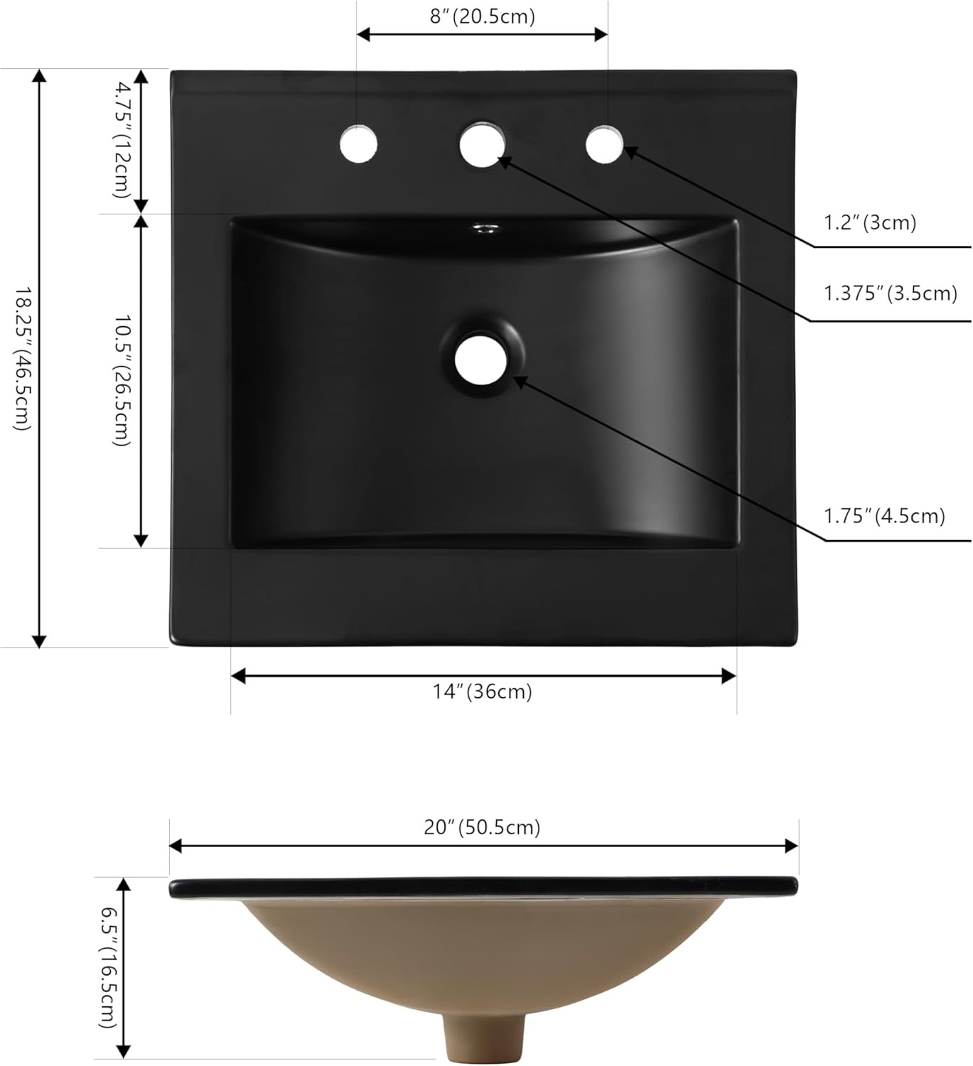 Ancillary 20 In. W X 18.25 In. D Ceramic Vanity Sink Top with 3-Hole Rectangular