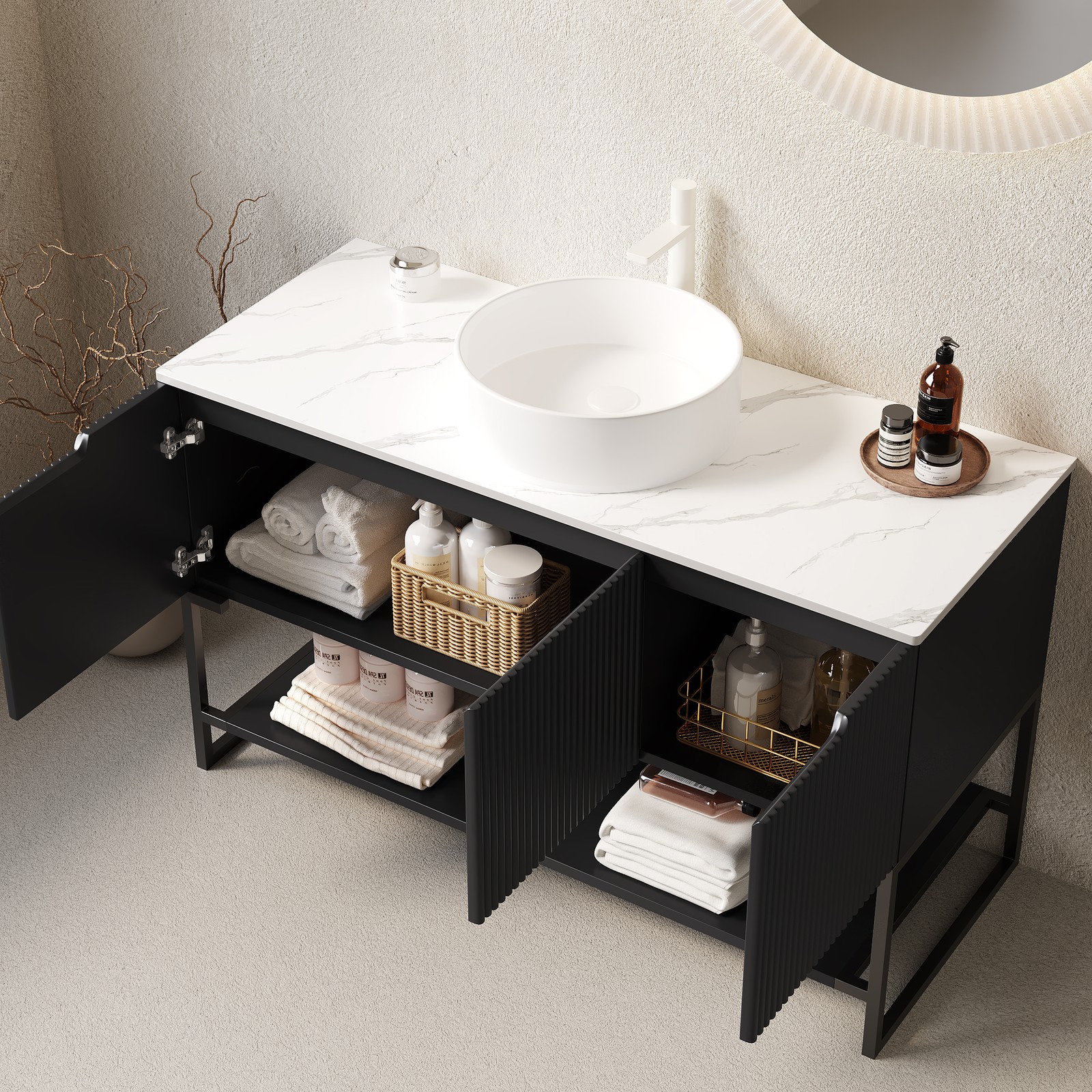 48″ Bathroom Vanity with Sink Vessel Basin Sintered Stone Countertop Black
