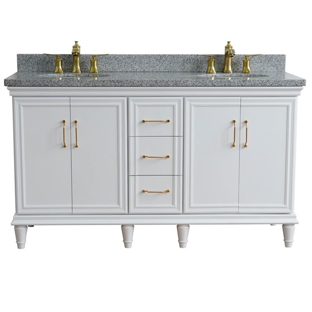 61 in. Double Wooden Vanity White Gray Granite Oval Sink