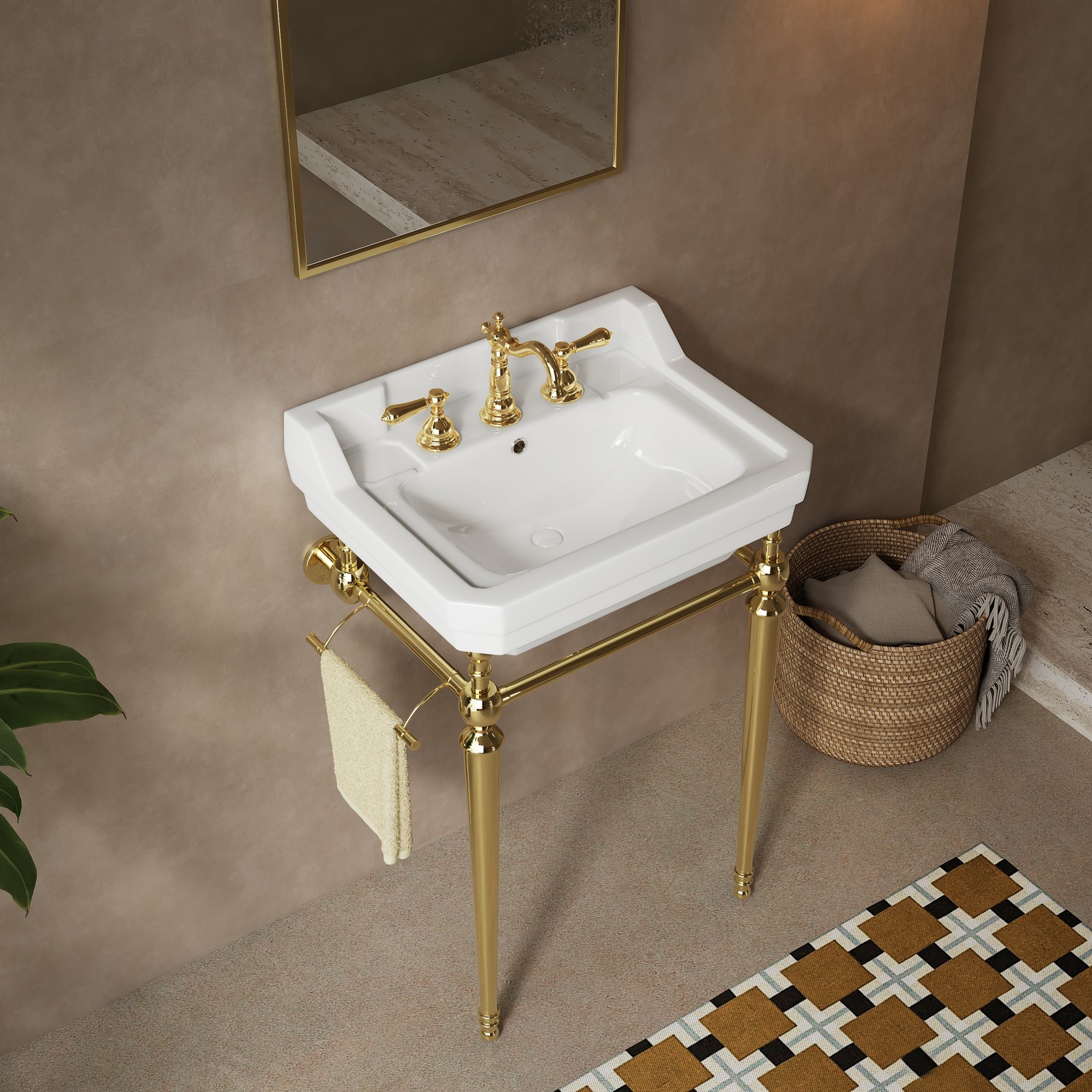 23″ Bathroom Console Sink Wall Mounted White Ceramic Vanity Basin Gold