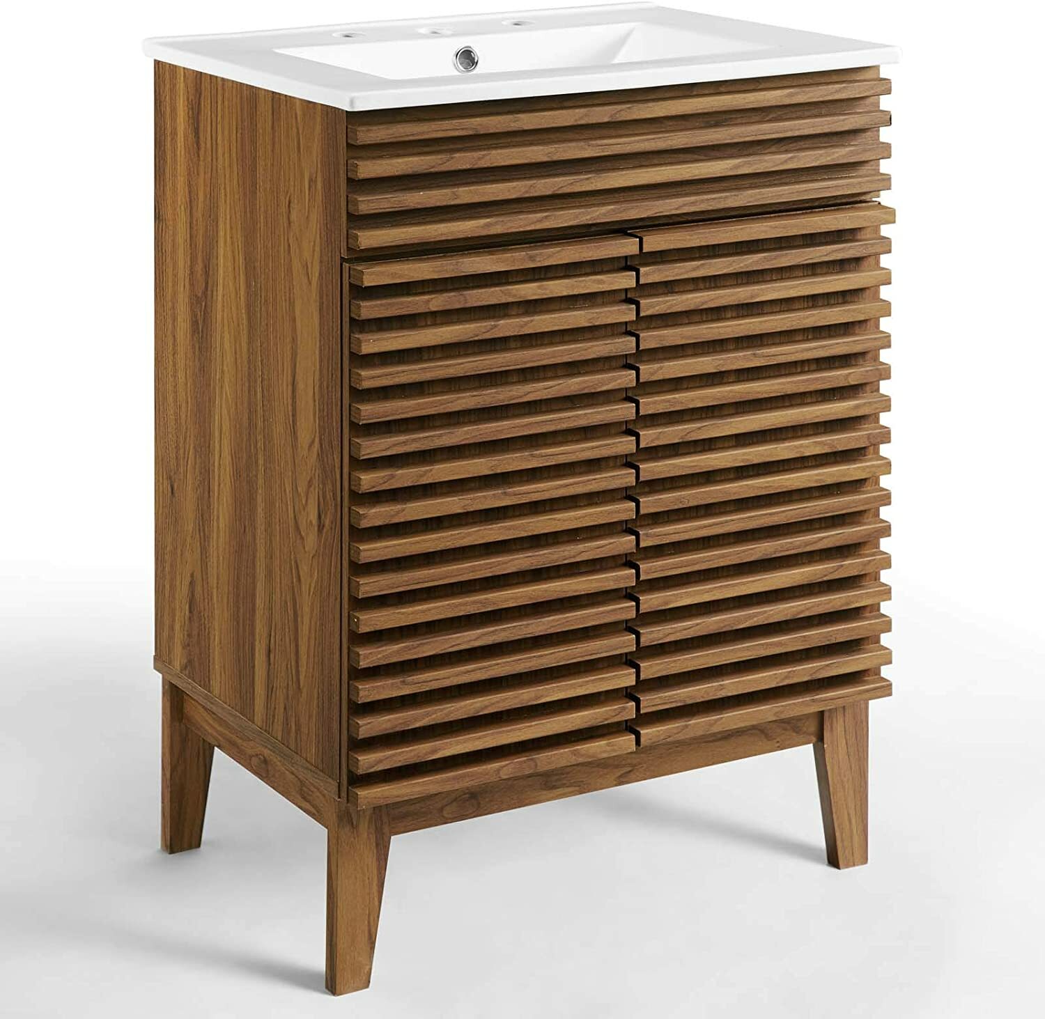 Mid-Century Modern Bathroom Vanity Walnut Grain Laminate Tapered Legs White Sink