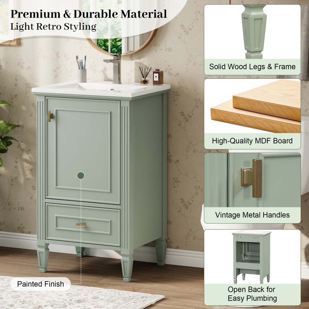 20″ Green Bathroom Vanity, Ceramic Sink, Solid Wood Legs, Soft-Close, Storage