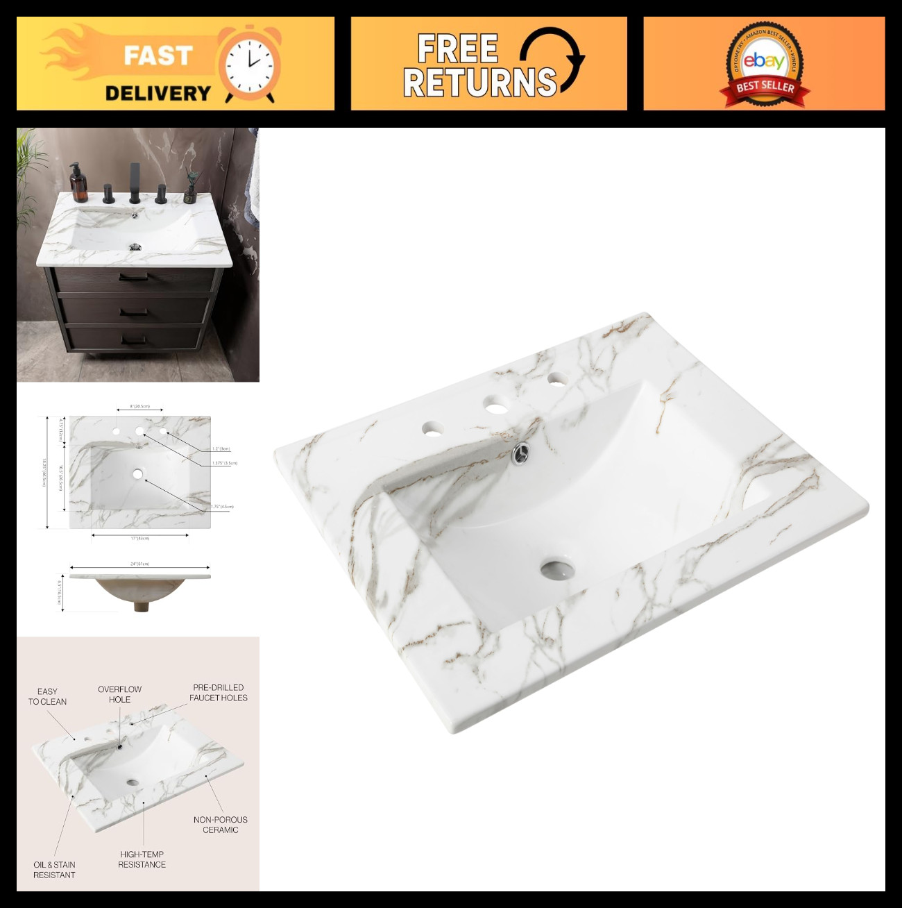 24” Rectangular Ceramic Vanity Top – Classic Contemporary Sink Basin, White Marb