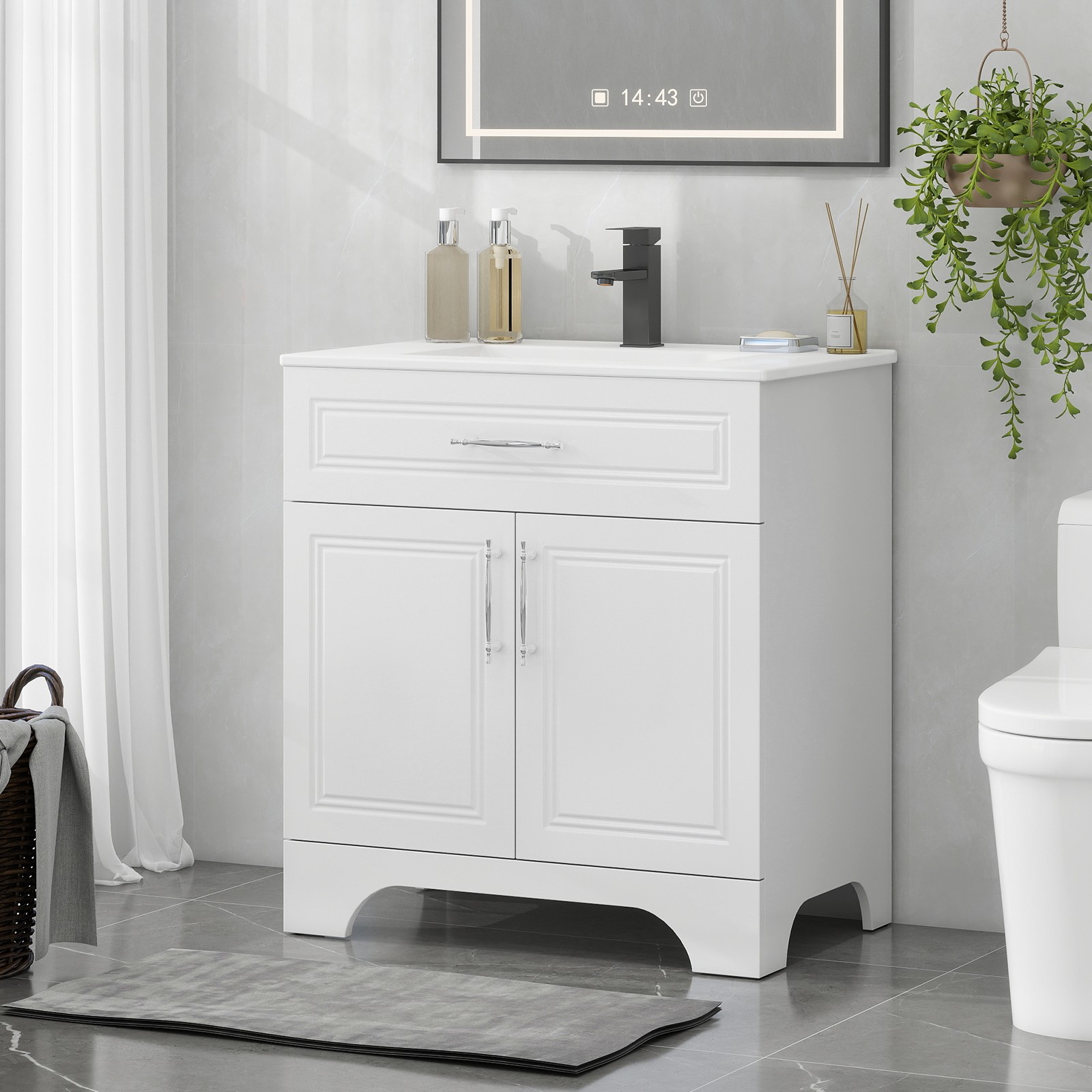 30″ White Bathroom Vanity with Sink Soft-Close Cabinet No Faucet