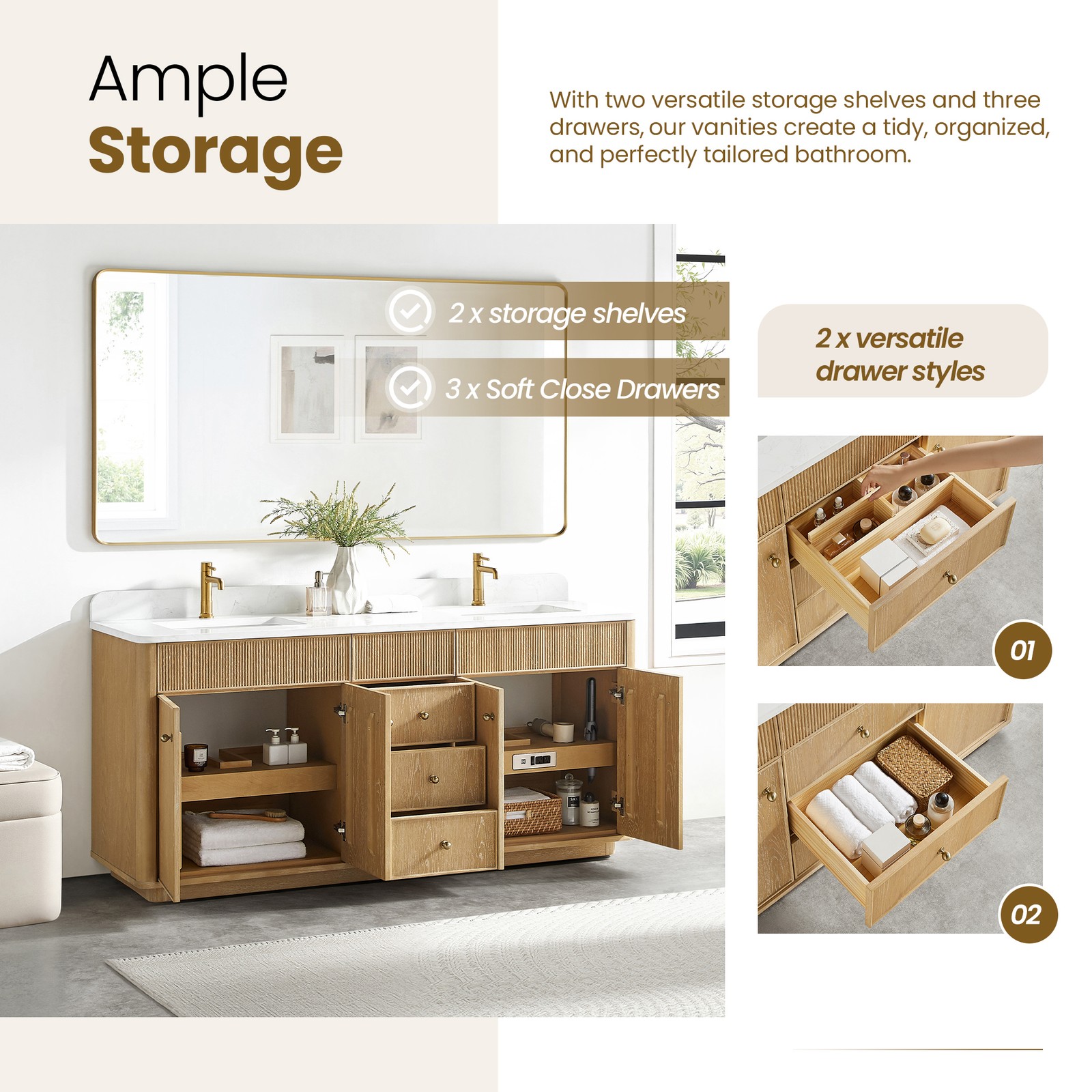 Zogno 72″ Solid Wood Double Bath Vanity in Washed Ash Gray with White Stone Top