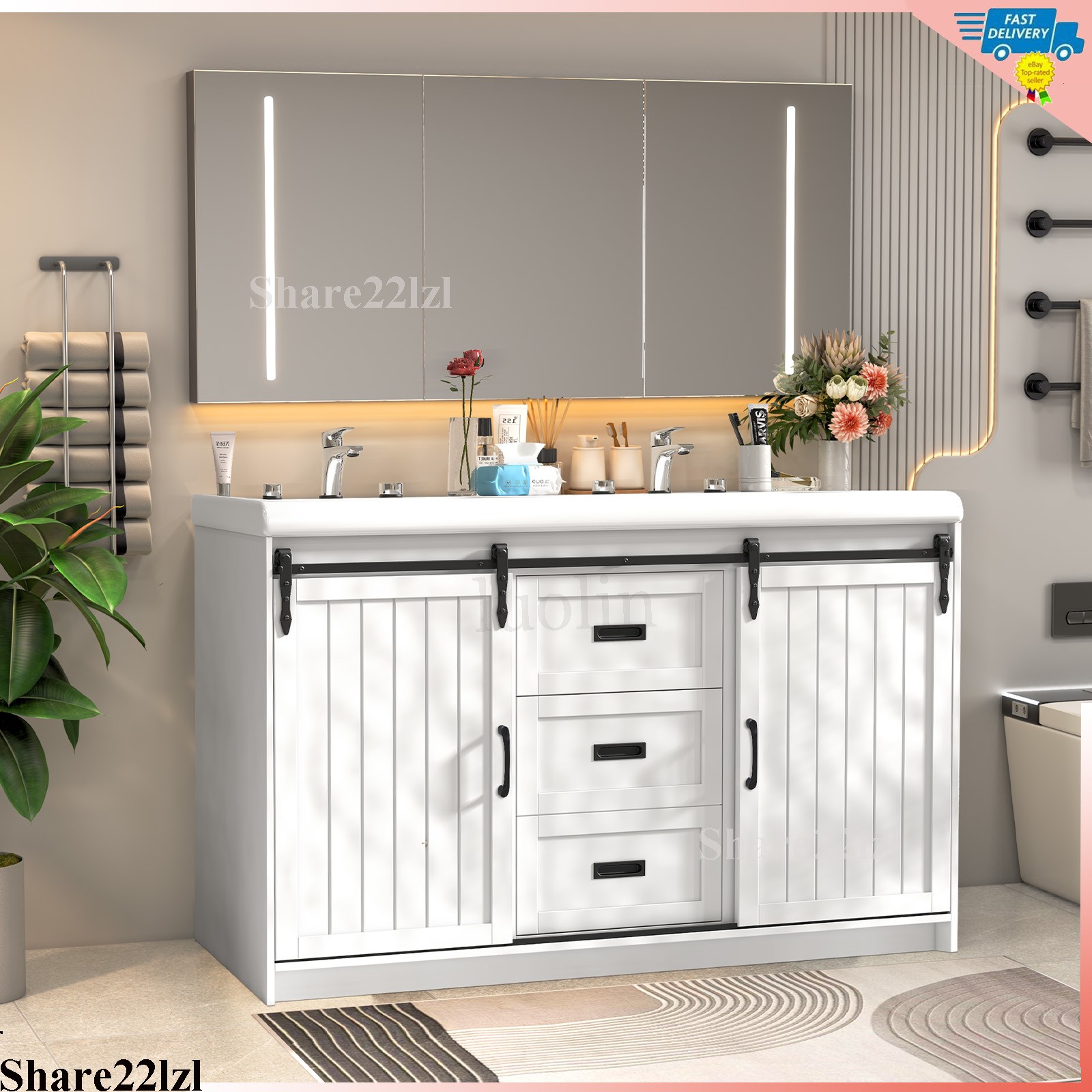 47″ Modern Bathroom Vanity Set with Double Vanities，Double Ceramic Sinks White