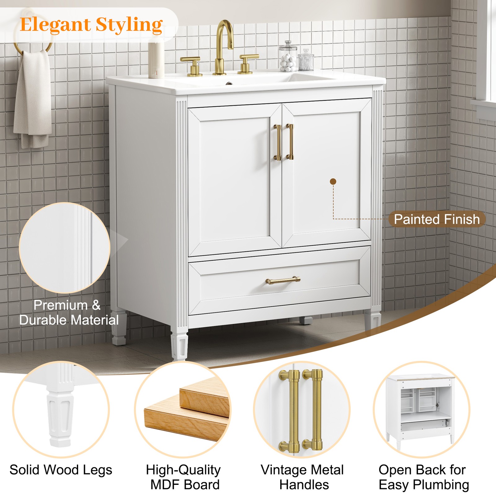 30″ White Fluted Bathroom Vanity with Ceramic Sink, Soft-Close