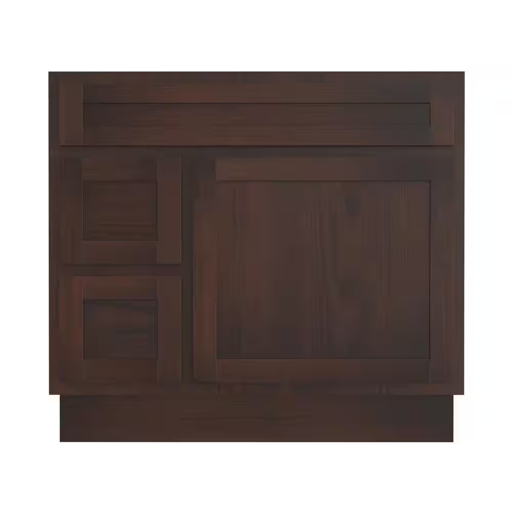 36 In. W X 21 In. D X 32.5 In. H 2-Left Drawers Bath Vanity Cabinet Only in Brow