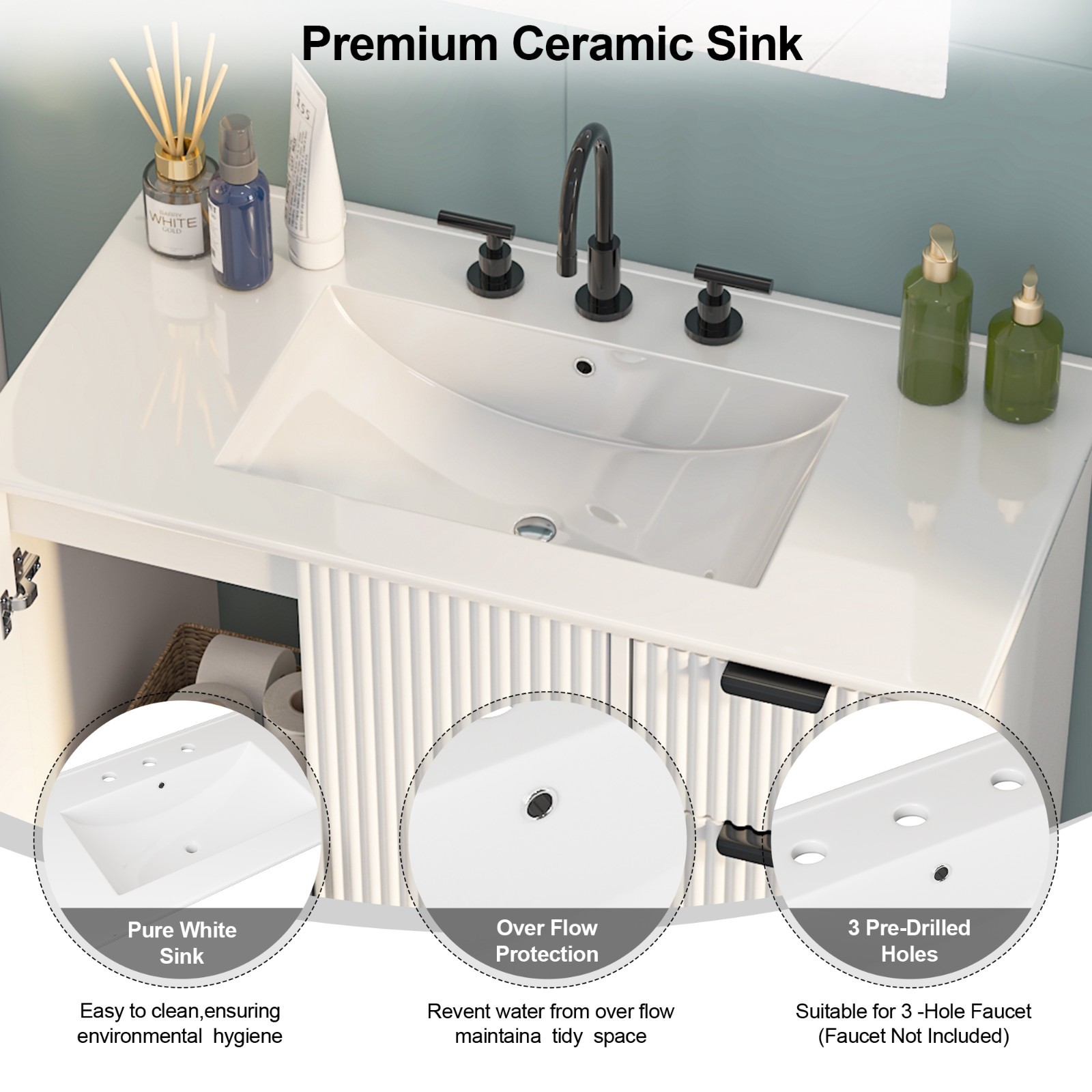 36″ Bathroom Vanity with Ceramic Sink Extra Large Storage with 2 Doors 3 Drawers