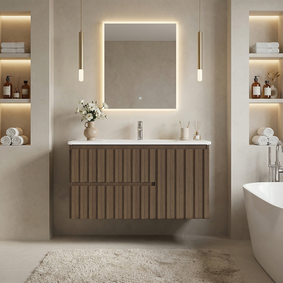 36″ Floating Bathroom Vanity with Ceramic Sink Wall Mounted Soft Close Drawers